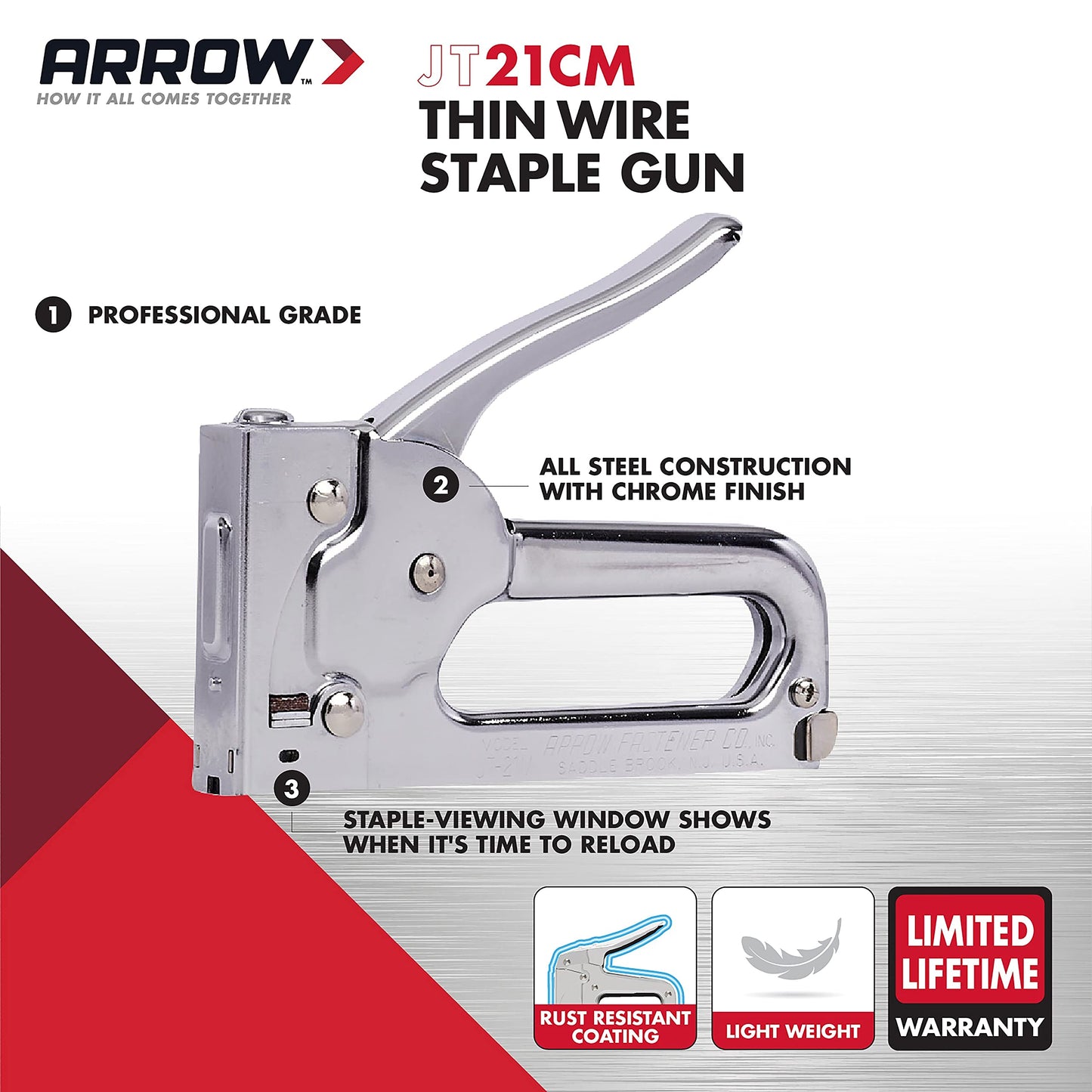 Arrow JT21CM Professional Light Duty Staple Gun for Upholstery, Crafts, Office, Fits 1/4", 5/16”, or 3/8" Staples