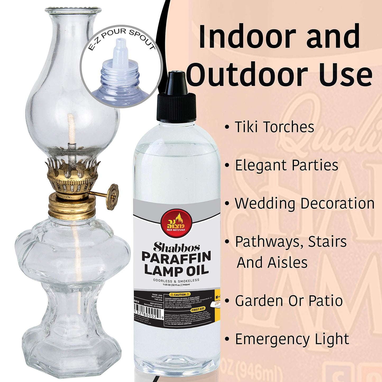 Ner Mitzvah Paraffin Lamp Oil, Clear Smokeless, Odorless, Clean Burning Fuel for Indoor and Outdoor, Use with E - Z Fill Cap and Pouring Spout, 32oz