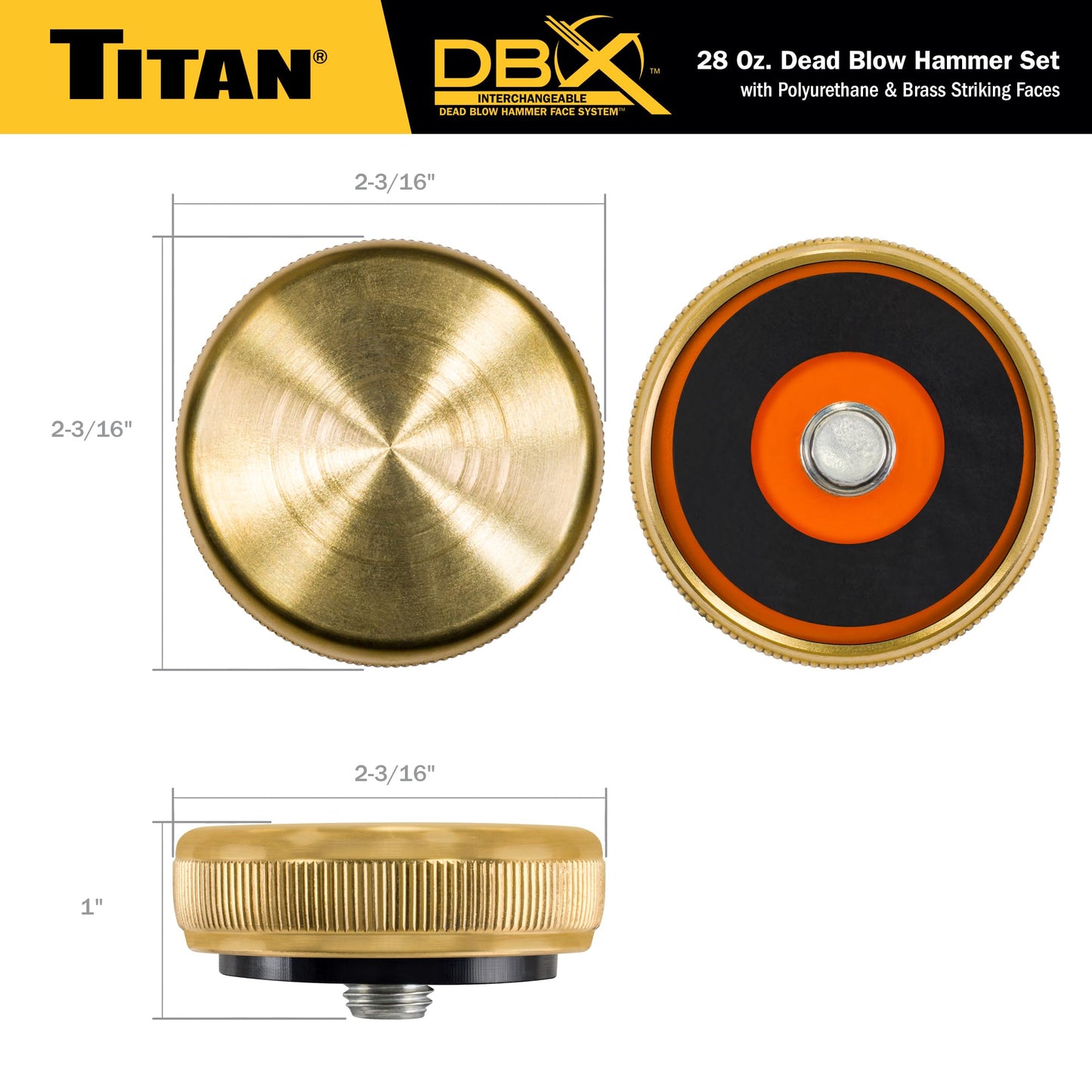 Titan DBX 63630 28oz Dead Blow Hammer, Interchangeable Polyurethane & Brass Faces, Rebound Resistant, 14" Fiberglass Handle