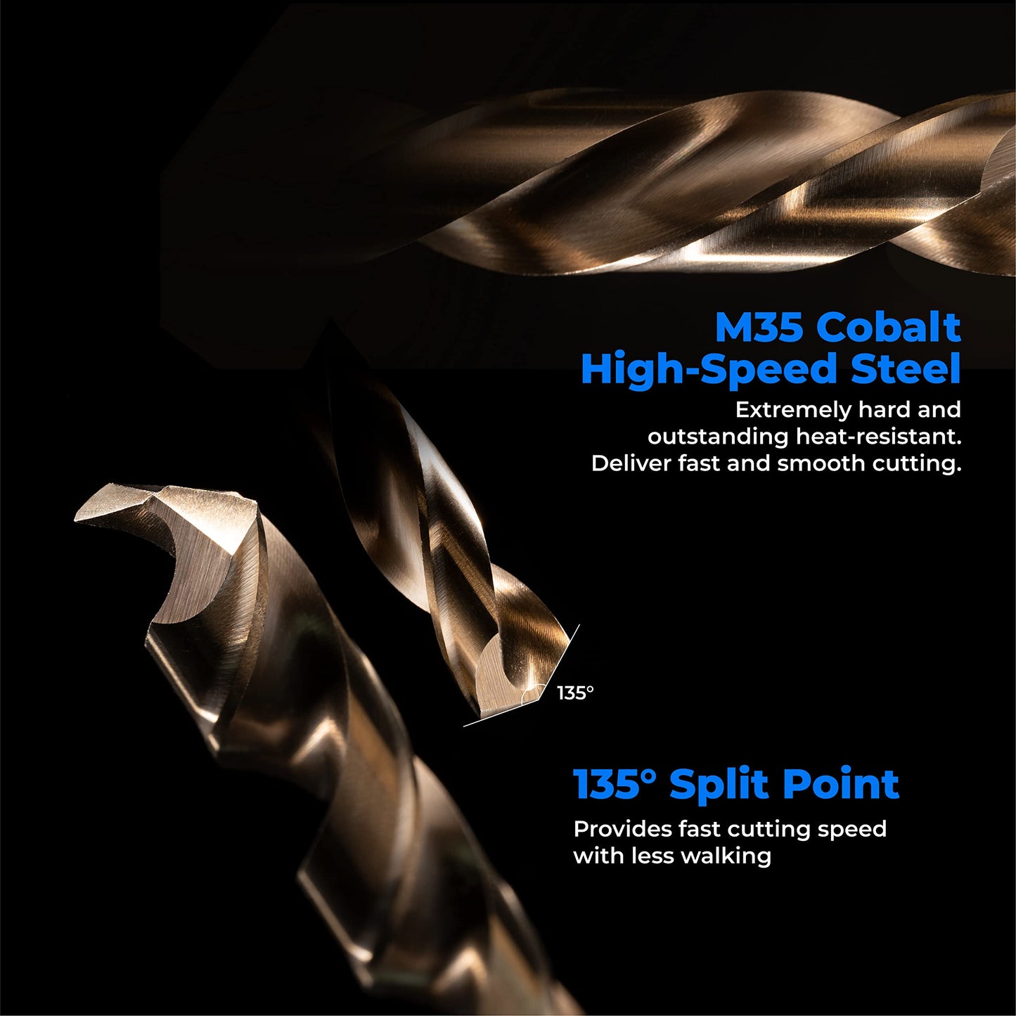 amoolo 1/4" Cobalt Drill Bit (10 Pcs), M35 HSS Metal Drill Bits Set for Hard Metal, Stainless Steel, Cast Iron Box of 10