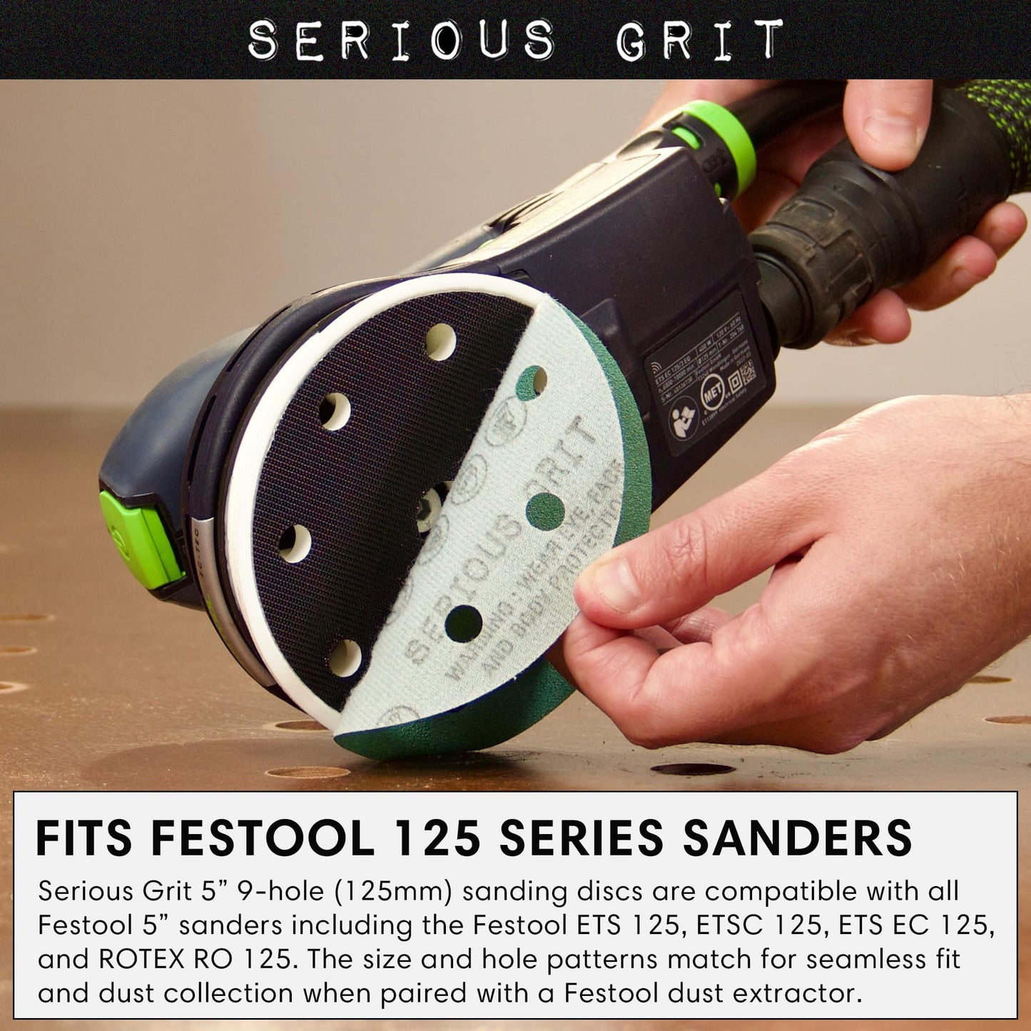 Serious Grit - 5-Inch 9-Hole 220 Grit Sanding Discs - Heavy-Duty Hook & Loop Film Discs - Sandpaper for Random Orbital Sanders - 50 Pack Box