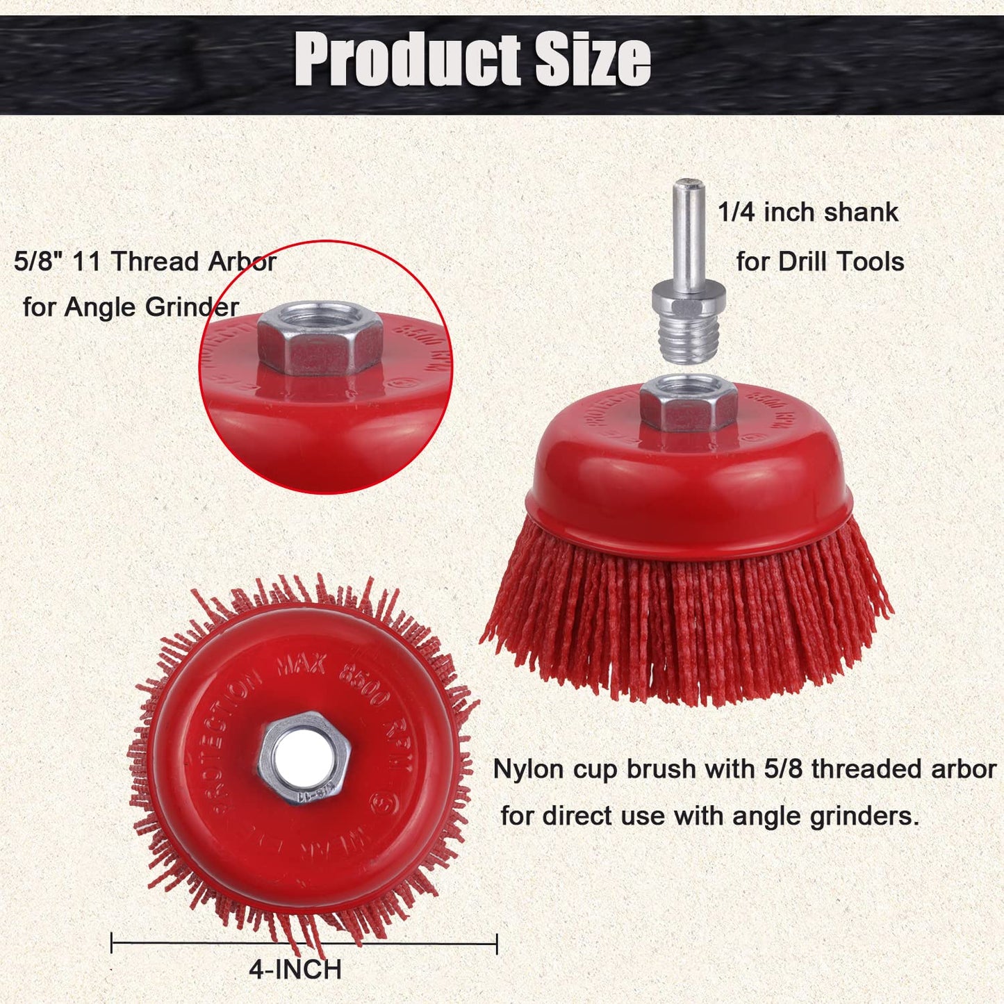 WENORA 4" Nylon Cup Brush for Angle Grinder, 5/8"-11 Thread & 1/4" Drill Arbor, Abrasive Filament for Rust, Paint Removal & Surface Prep