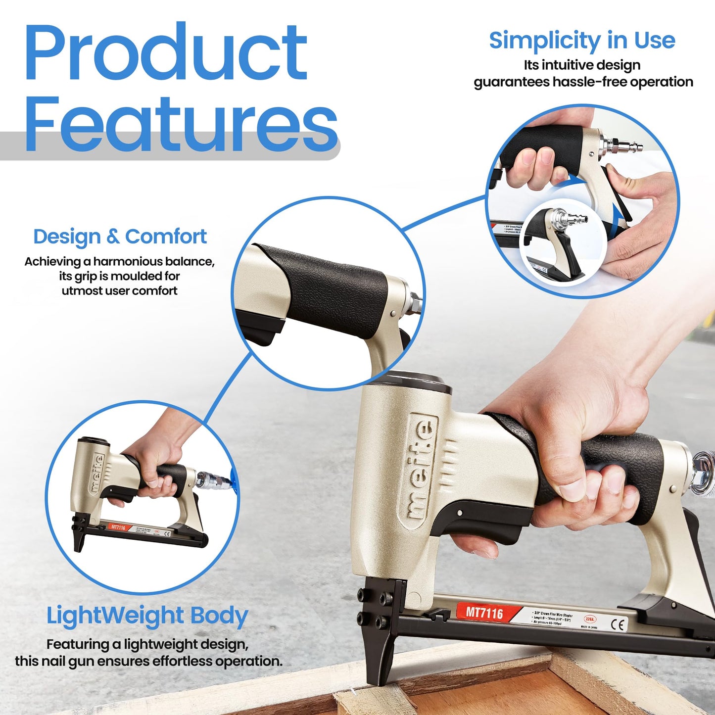 meite MT7116 Pneumatic Staple Gun, 22 Gauge 71 Series 3/8-Inch Crown 1/4-Inch to 5/8-Inch Length Air Upholstery Stapler Gun