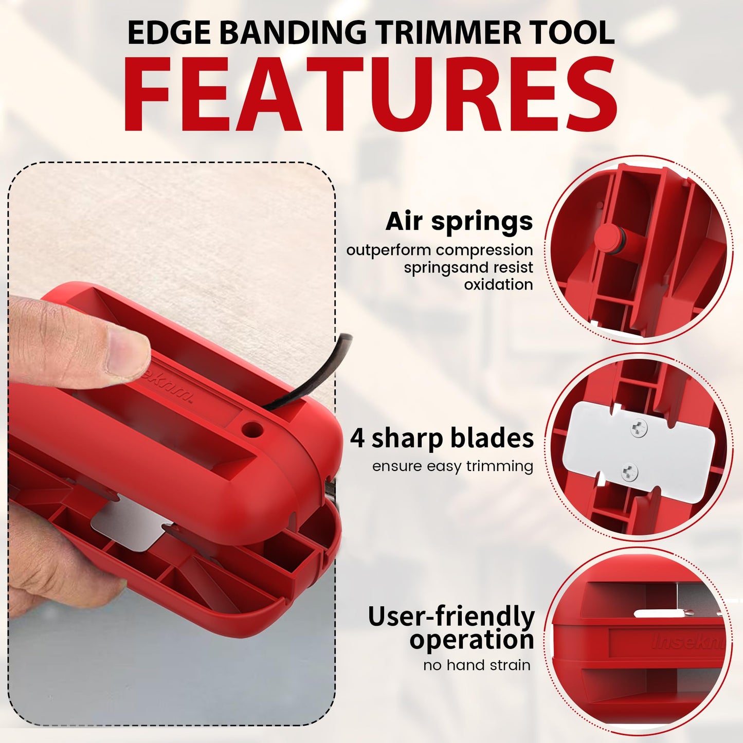 Inseknm Edge Banding Trimmer with Tungsten Carbide Blades, Manual Woodworking Edge Cutter for ABS, PVC, Veneer & Melamine – Red