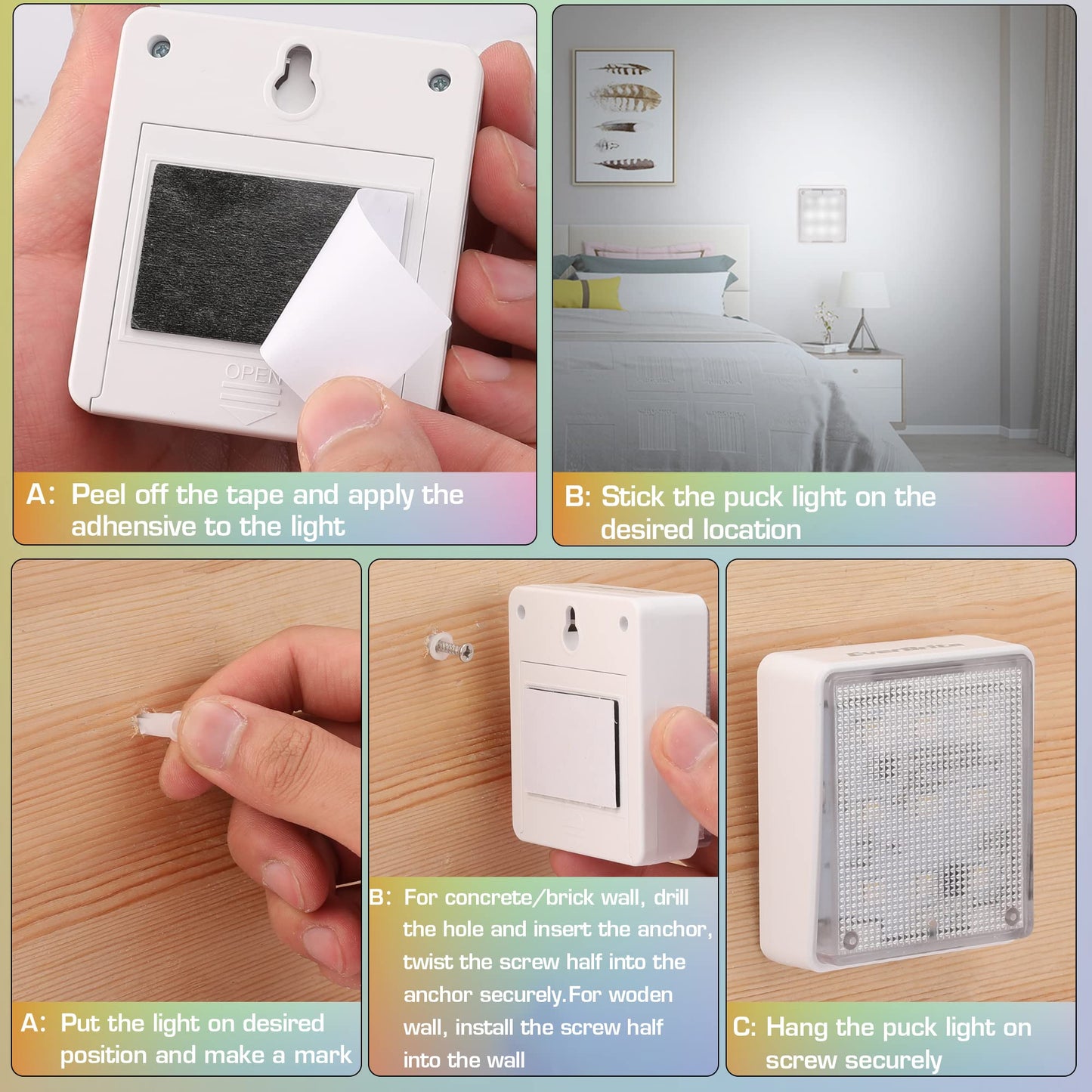 EverBrite LED Tap Lights 6-Pack, Remote-Controlled RGB Night & Closet Lights, Battery Powered, Push Lights for Indoor/Outdoor Use