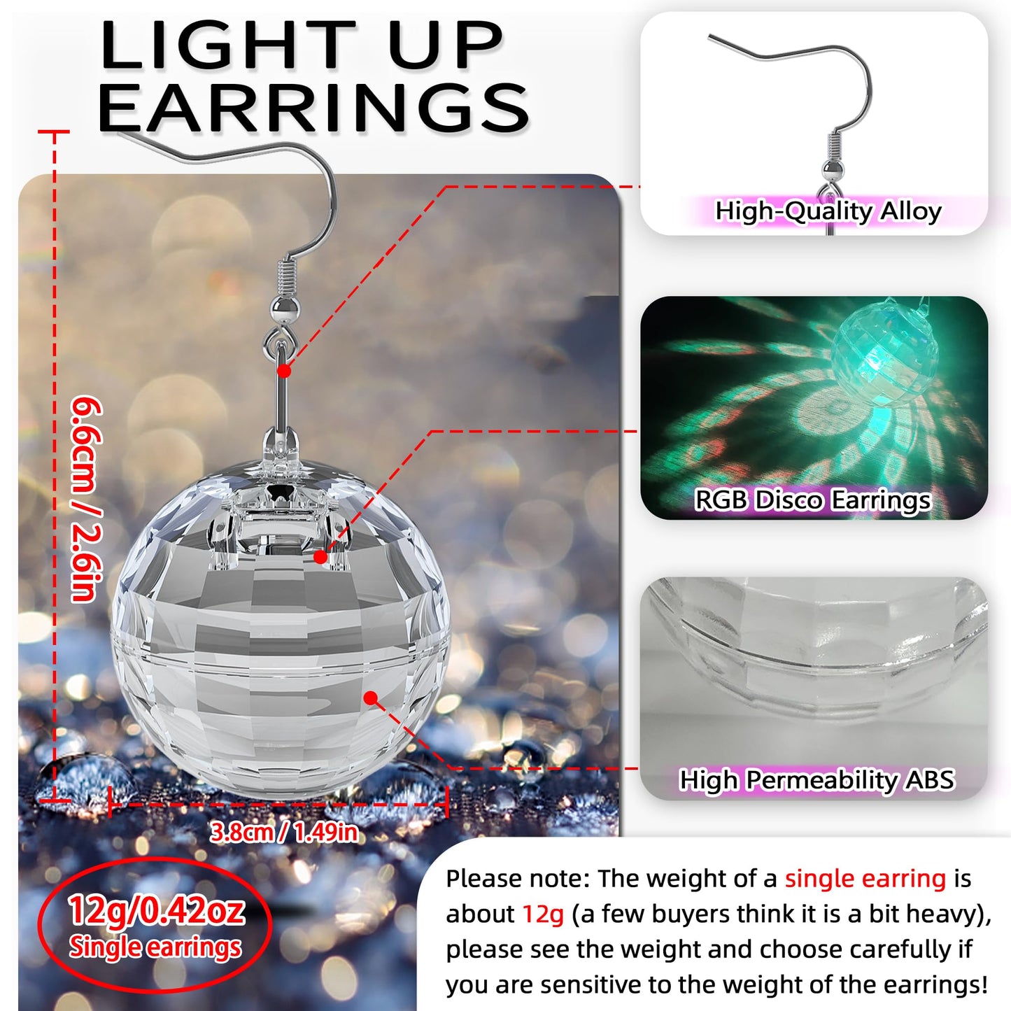 Disco Ball Earrings 16 Light Modes Rechargeable Light up Earrings LED Earrings Ball for Women Disco Party Dance Accessories