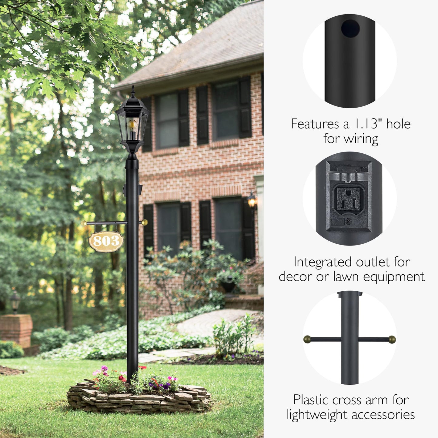 Design House Outdoor Lamp Post with Plastic Cross Arm, Built-In Outlet, Dusk-to-Dawn Photo Eye Sensor, Easy Install, Black, 3" x 80"