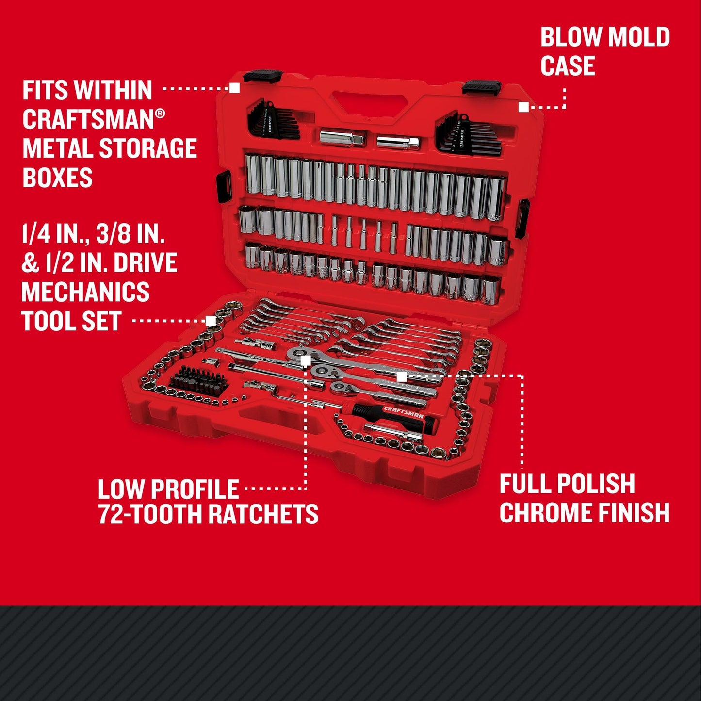 CRAFTSMAN 189-Piece Mechanics Tool Set, 1/4, 3/8 & 1/2 in Drive Socket & Wrench Set, Thin Ratchets, 6 & 12-Point Steel Sockets (CMMT12134)