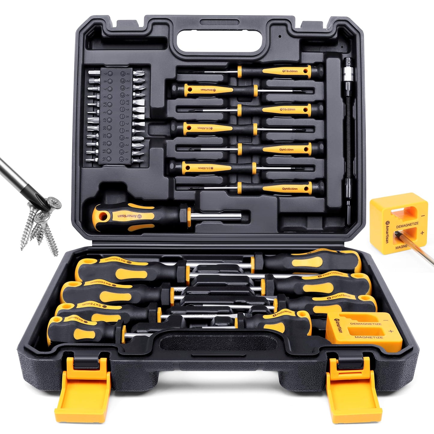 Amartisan 43-Piece Magnetic Screwdriver Set with Case – Slotted, Phillips, Hex, Torx, Pozidriv, Precision, Magnetizer/Demagnetizer Tools