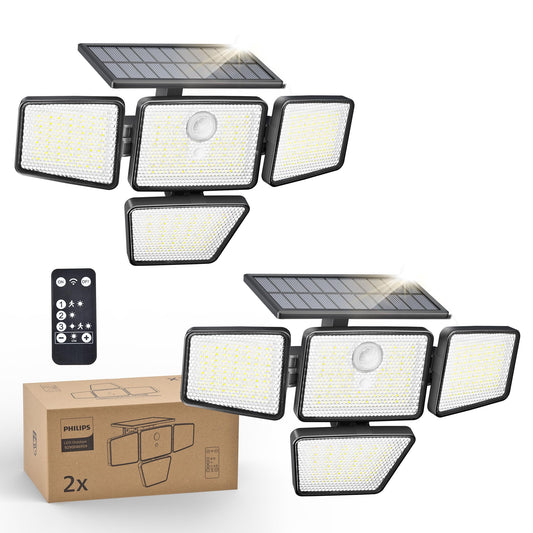 Philips Solar Security Light 196 LED Outdoor Floodlight, 2PK, Motion Sensor, 3 Modes, 4 Adjustable Heads, IP65 Waterproof, Remote Controlled