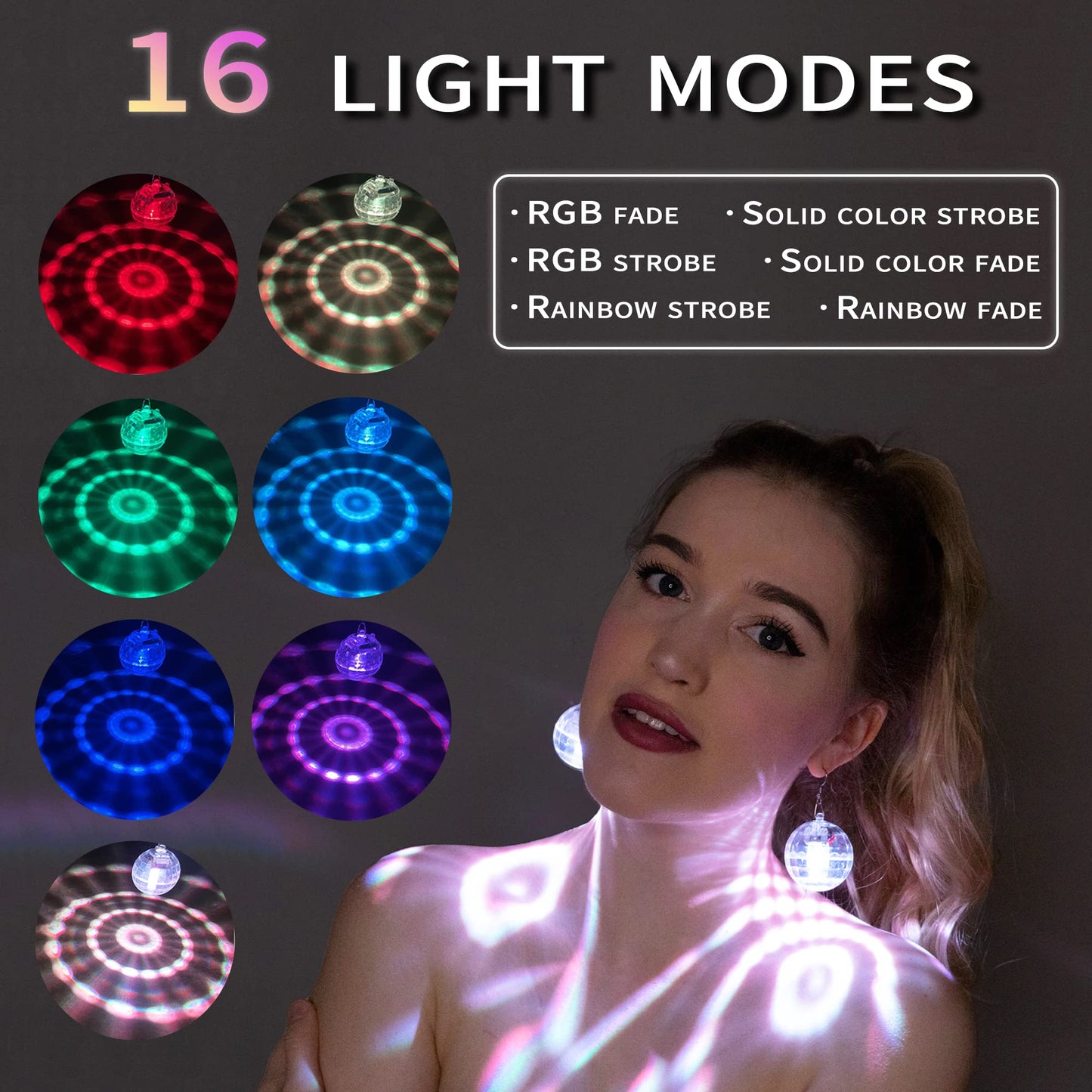 Disco Ball Earrings 16 Light Modes Rechargeable Light up Earrings LED Earrings Ball for Women Disco Party Dance Accessories