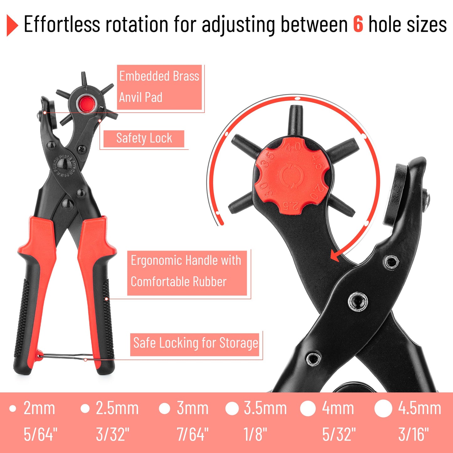 UNCO Leather Hole Punch Set with Red Handle, Multi Sizes, Belt & Leather Puncher for Belts, Straps, Shoes, Canvas, DIY + 100 Grommets