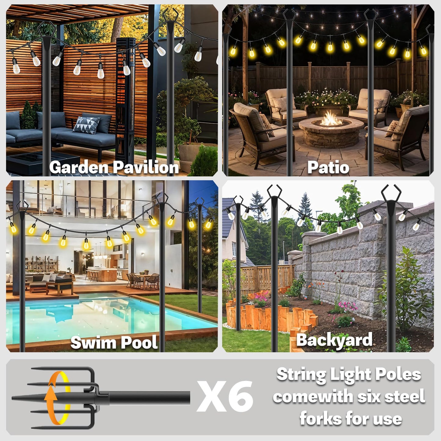 6 Pack 10FT Heavy Duty Metal String Light Poles, Adjustable Outdoor Lighting Stands for Patio Backyard Garden, Rustproof with Hooks