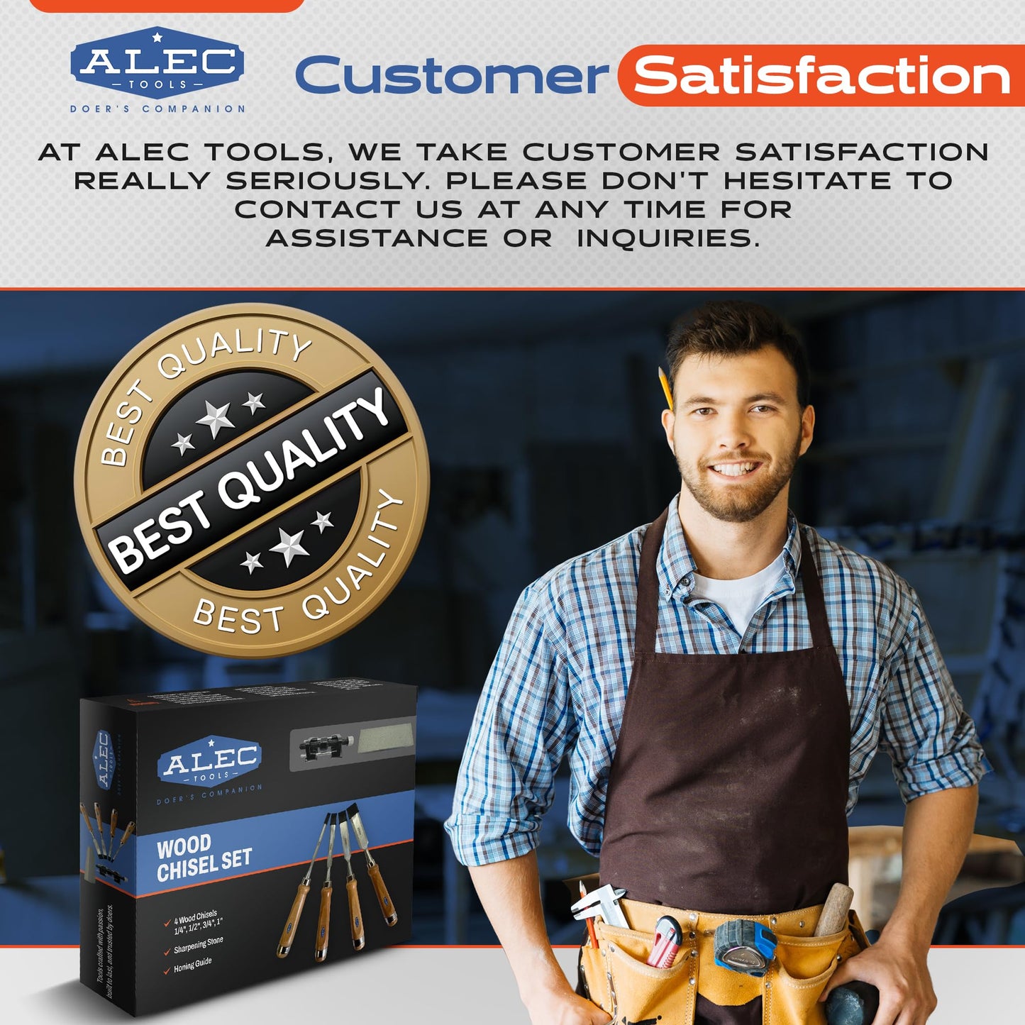 Alec Tools 4-Pc Wood Chisel Set with Sharpening Stone & Honing Guide – Pre-Sharpened Blades for Woodworking, DIY, Hobby, Professional Use