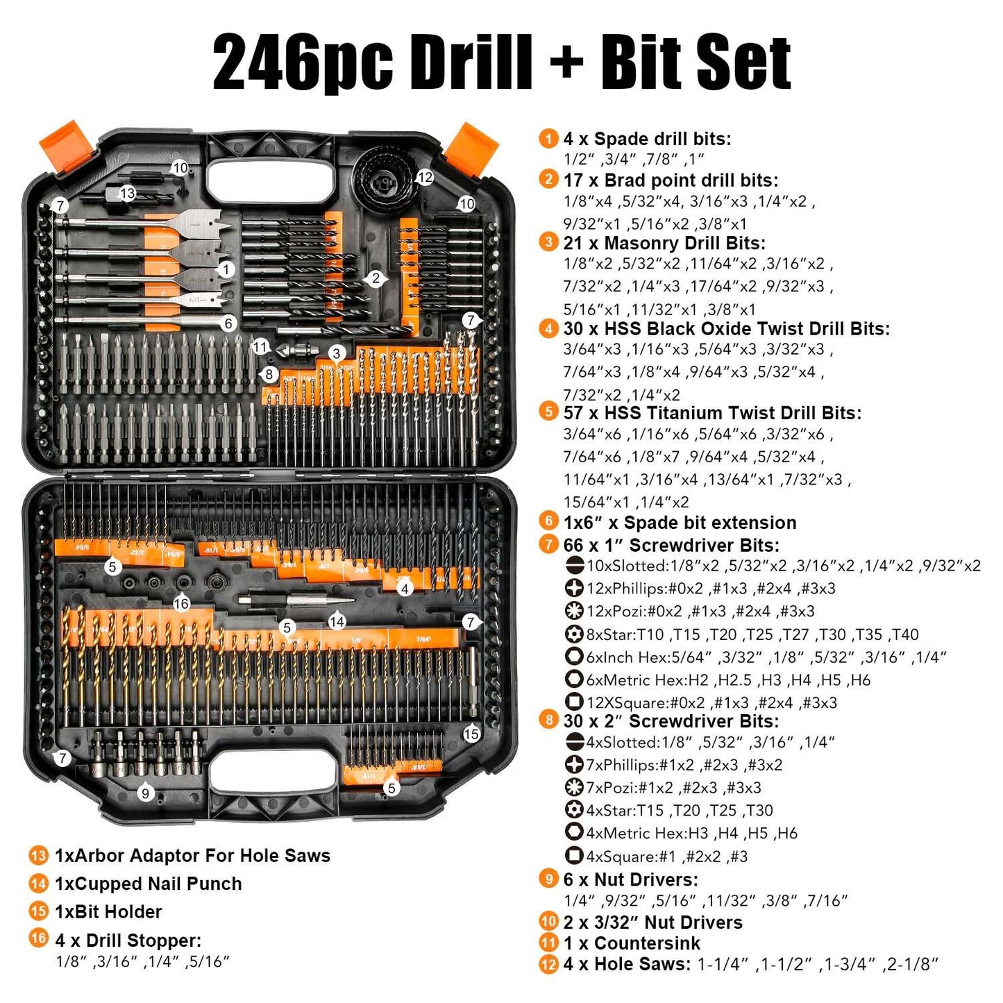 EnerTwist 246-Piece Drill Bit & Driver Set for Wood, Metal & Cement with Assorted Bits in Carrying Case – ET-DBA-246
