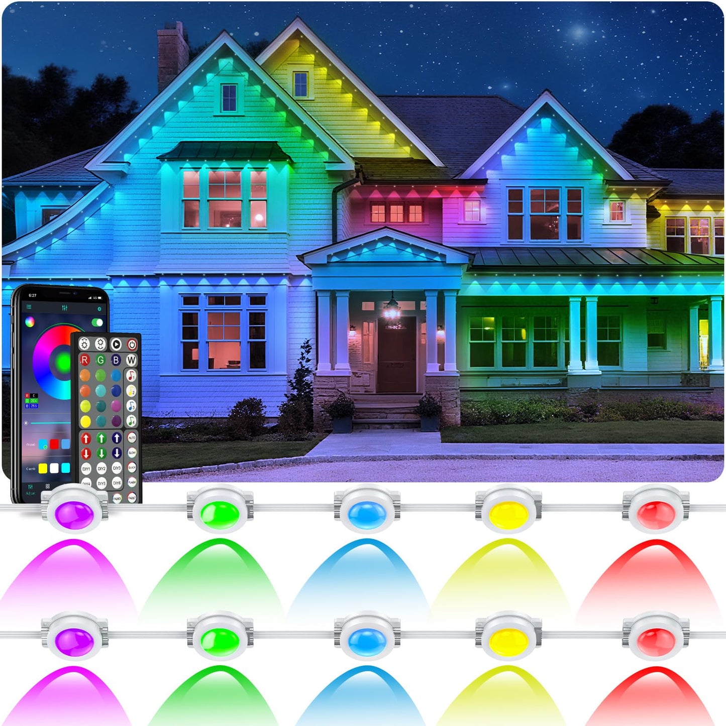 LETIANPAI 300FT RGB Outdoor Eaves Lights, App & Remote Control, DIY Scene Modes, IP67 Waterproof, Garden & Holiday Decor