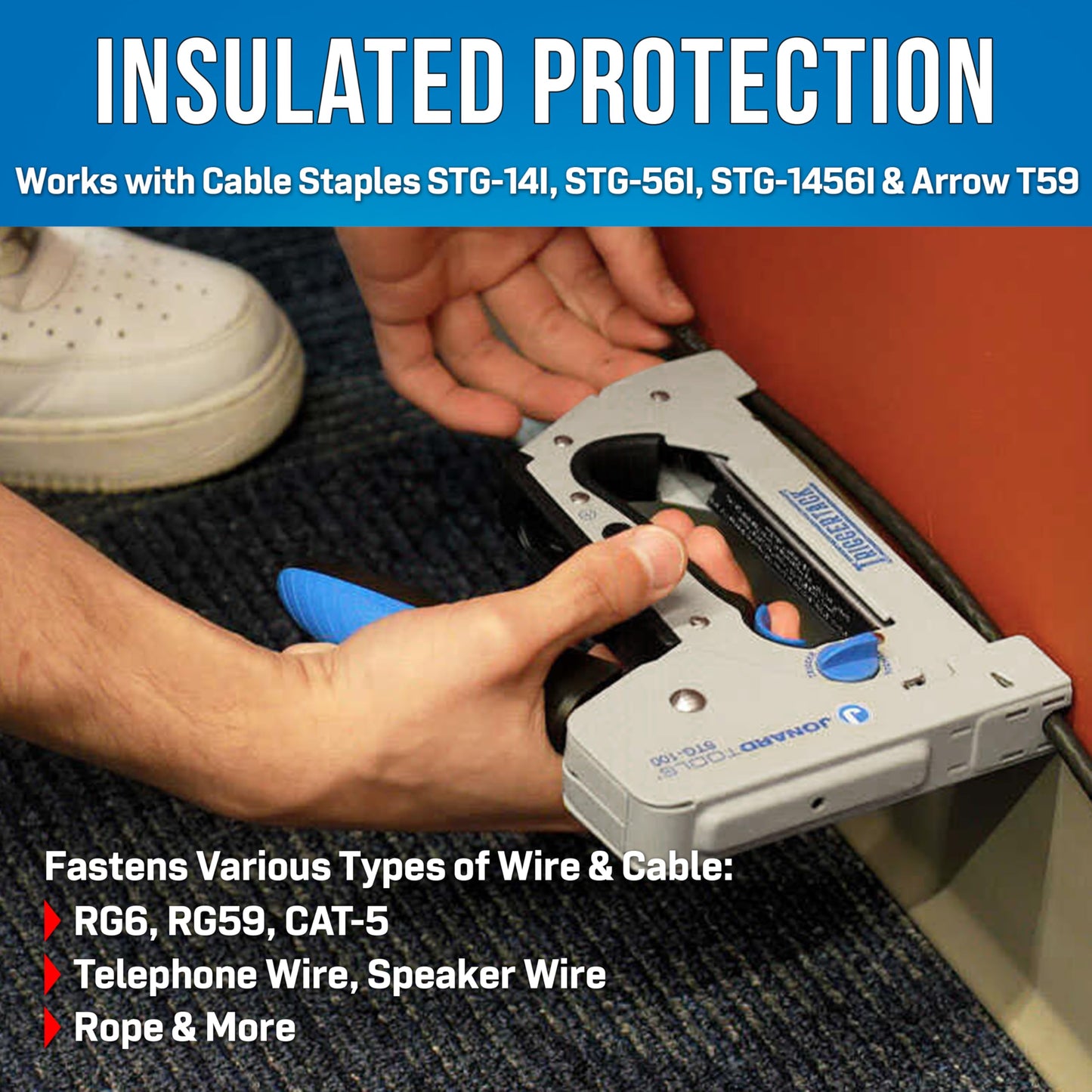 Jonard Tools STG-100 TriggerTack Insulated Cable Stapler – Ergonomic, Adjustable Depth, Fits Wires up to 5/16", Jonard & Arrow Staples