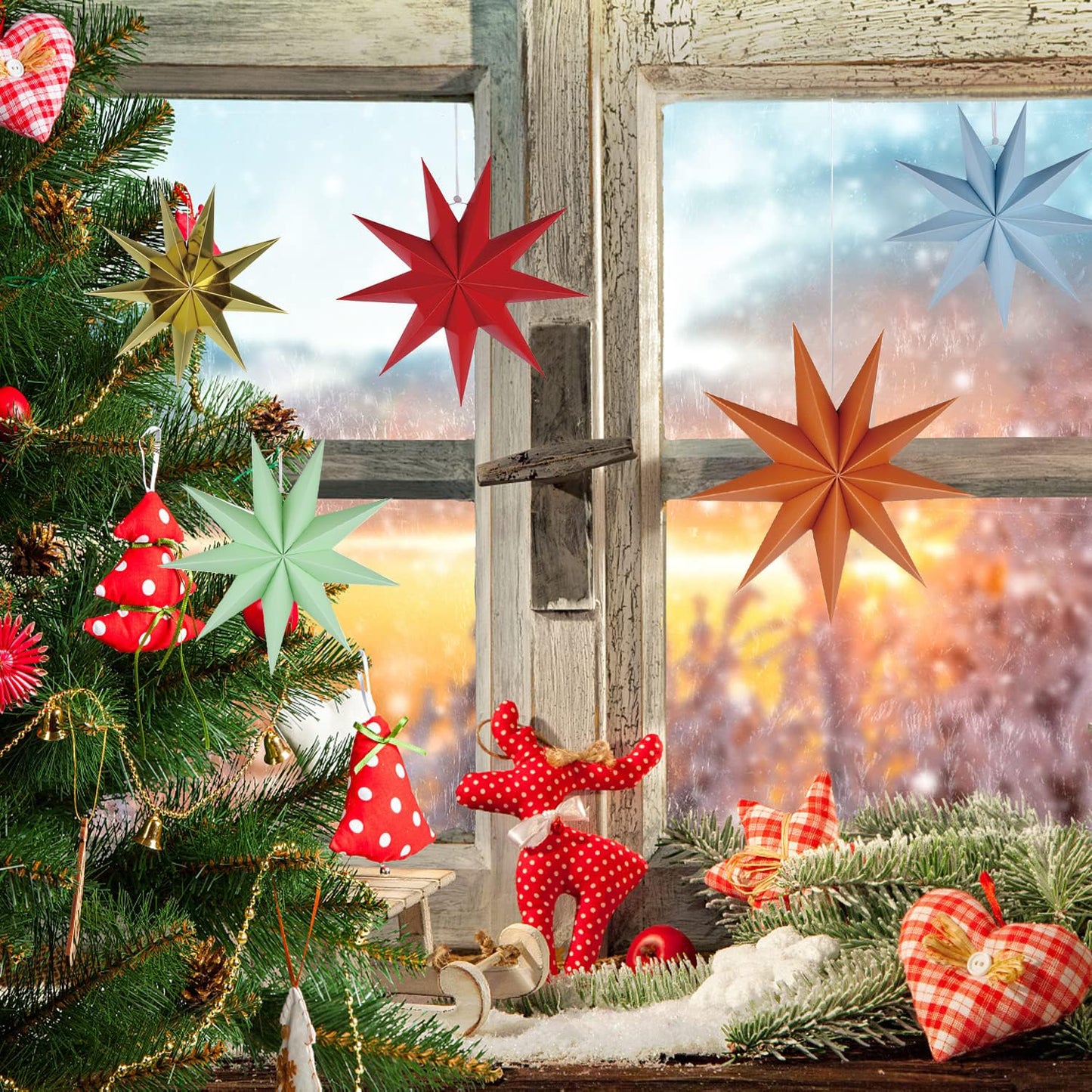 5-Pack 11.8” Gold 9-Point Paper Star Lanterns – Hanging Paper Lampshades for Christmas, Wedding, Birthday & Home Decor