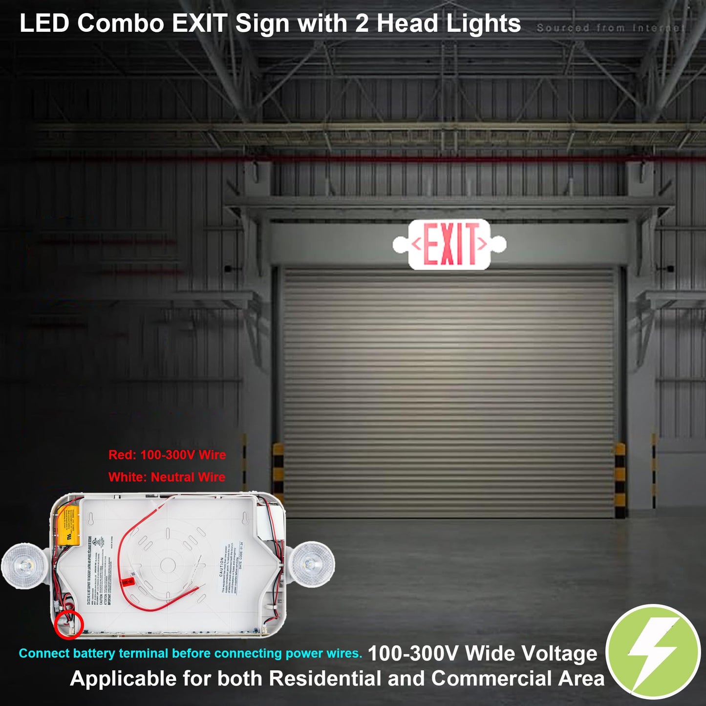 LIT-PaTH LED Exit Sign with 2 Adjustable Heads, Double Face, Backup Battery, UL 924 & CEC, 120-277V Emergency Lighting, 1-Pack