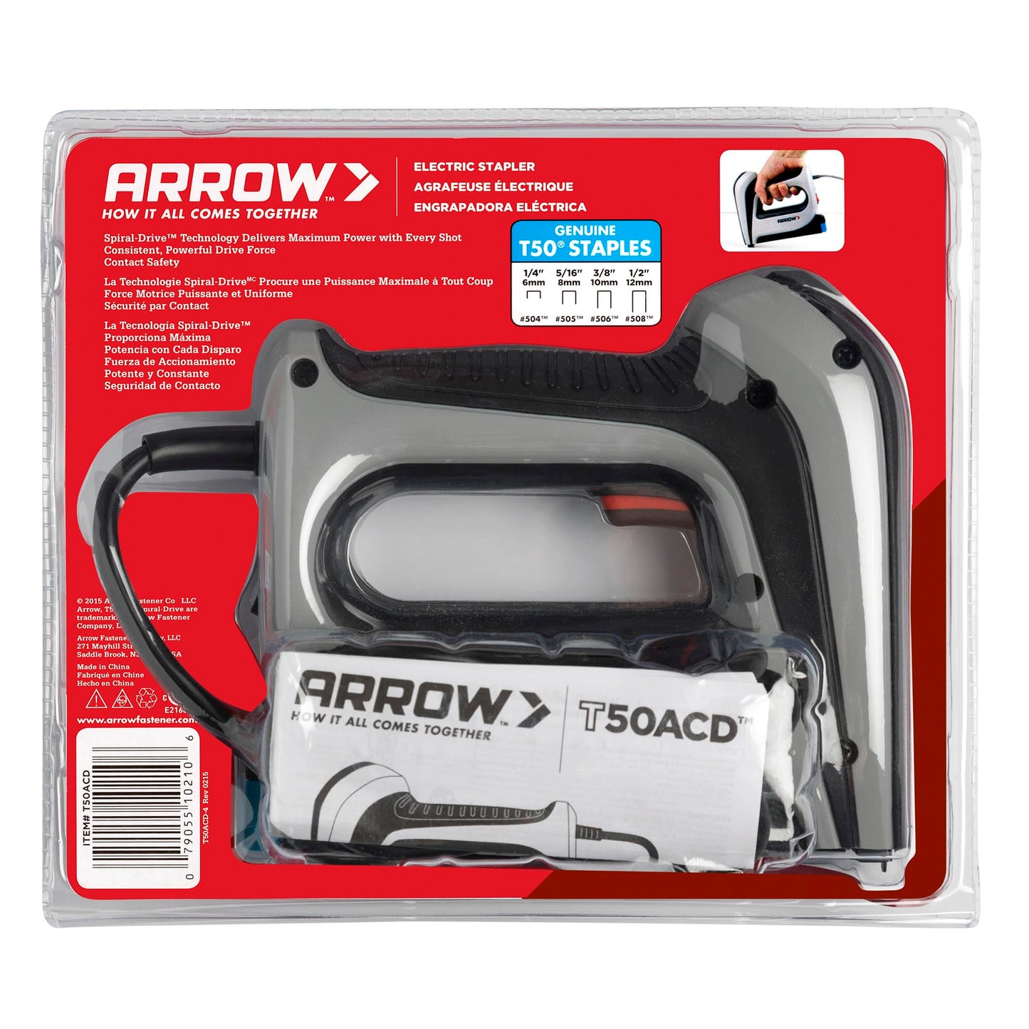 Arrow T50ACD Heavy Duty Corded Electric Staple Gun for Upholstery, Furniture, Office, Decorating, Fits 1/4", 5/16”, 3/8", or 1/2" Staples