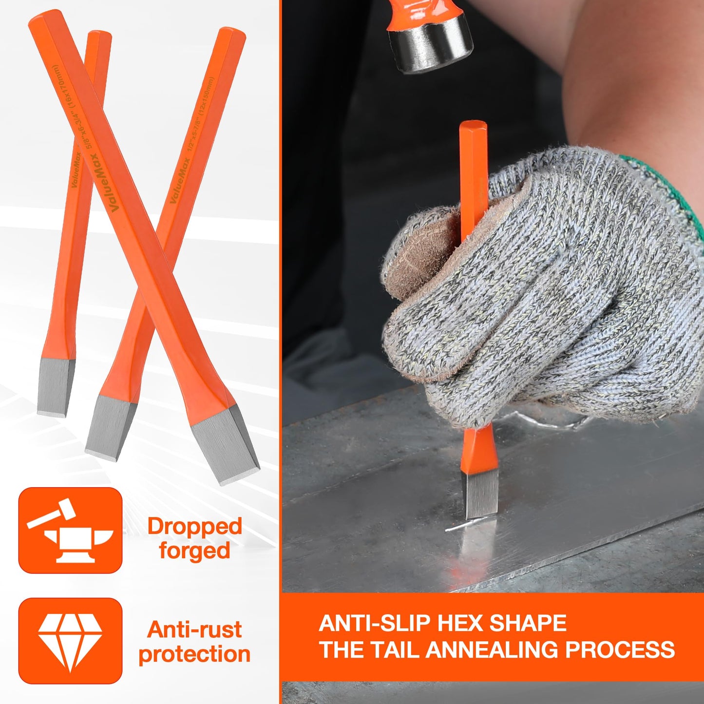 ValueMax 3-Piece Heavy Duty Cold Chisel Set, 3/8", 1/2" & 5/8", Cr-V Steel for Carpentry, Metalwork, Woodwork & Masonry