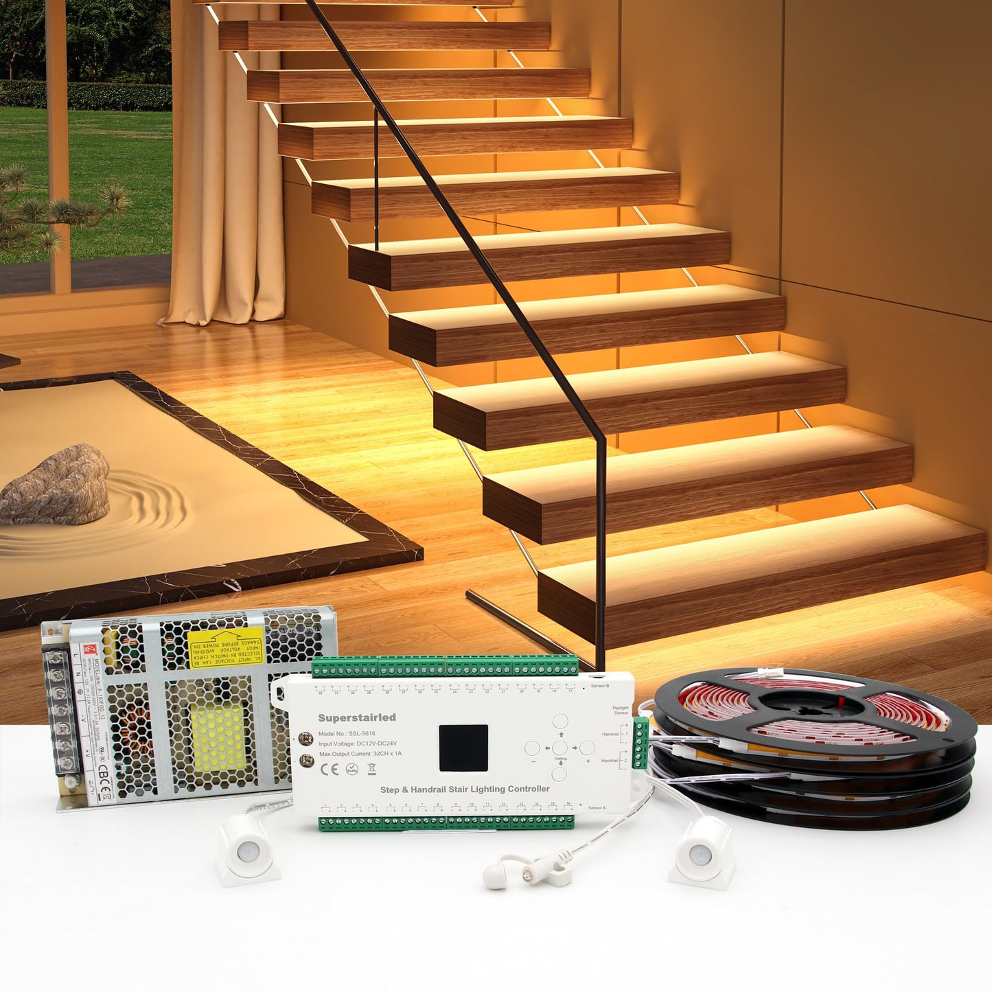 SuperStairLED Motion-Activated LED Stair Light Kit with Daylight Sensor, Cuttable 3000K COB Strips, Fits up to 16 Steps
