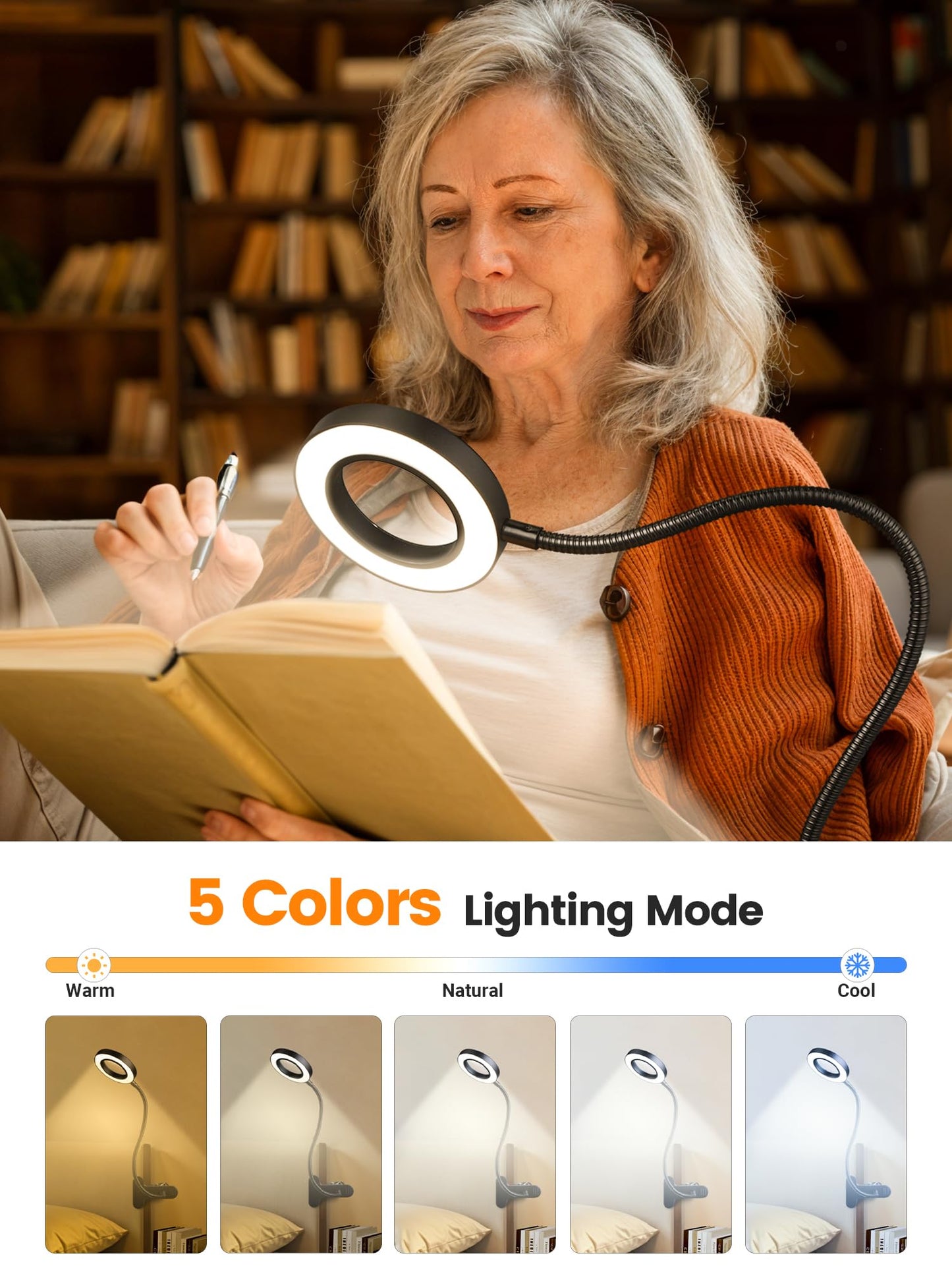 ReinHoo 10X LED Magnifying Glass with 5 Colors & 10 Brightness, 58 LED 750 Lumen Clip-On Lamp for Reading, Desk, Bed, Nail Work