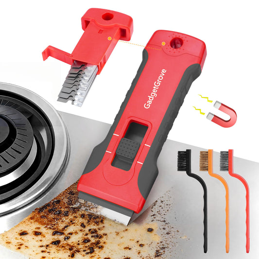 Razor Blade Scraper with 10 Blades & 3 Wire Brushes, Glass Window Cooktop Oven Stove Cleaner, Built-In Storage, Lock, Gray
