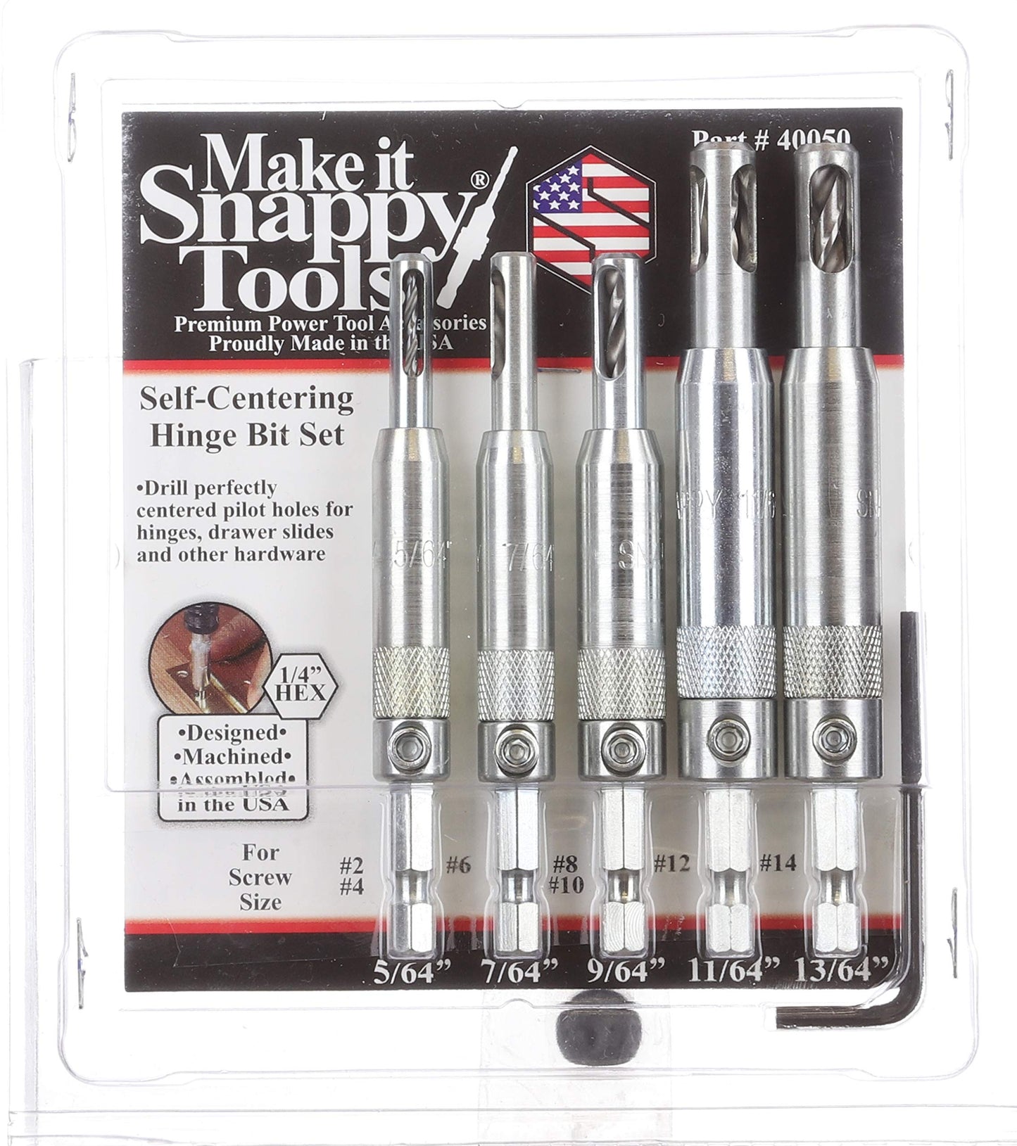 Make it Snappy Tools 5pc Self Centering Hinge Drill Bit Set, Spring Loaded. Proudly Made in the USA.