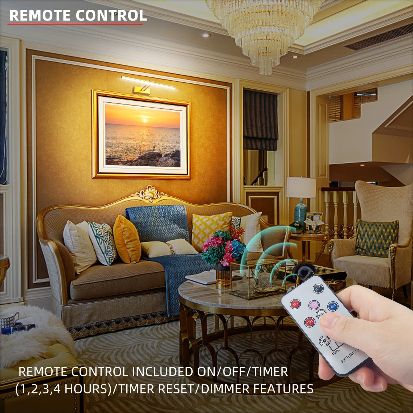 FUNCHDAY Picture Light, 5000mAh Battery Operated Art Light with Remote, Timer & Dimmable, 16” Metal Wall Painting Light, Gold