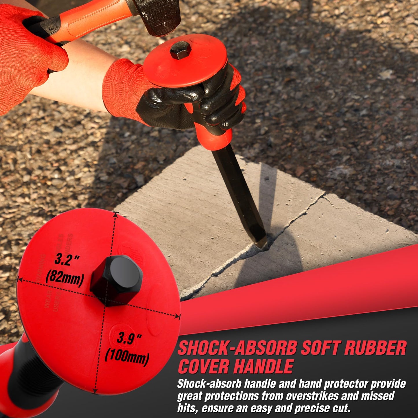 Rizom Chisel Set with Hand Protection, 3 Pcs Stone and Rock Chisel, Heavy Duty Masonry Tools including 11-Inch Point and Flat, 8-Inch Brick