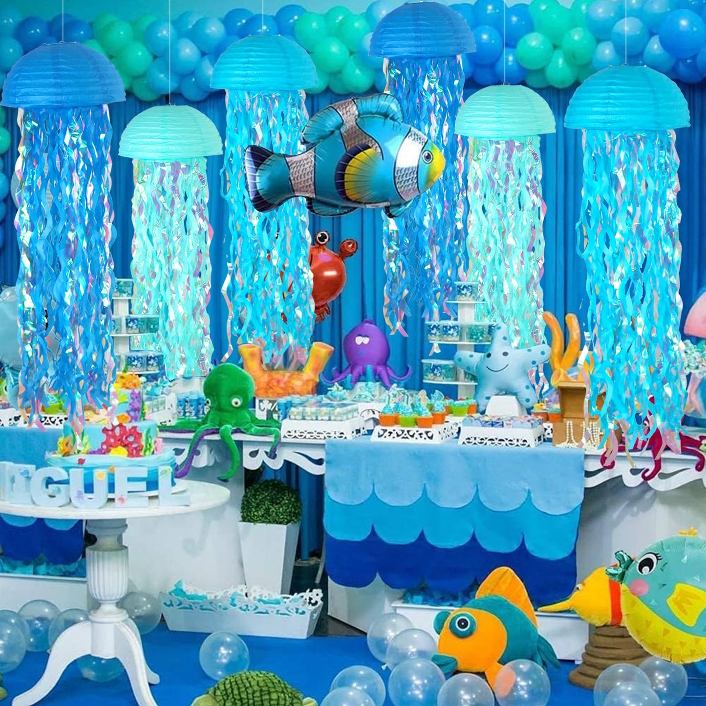 ADLKGG Blue Jellyfish Paper Lanterns, Set of 6 – Under the Sea, Mermaid Birthday, Baby Shower, Ocean & Beach Party Decorations