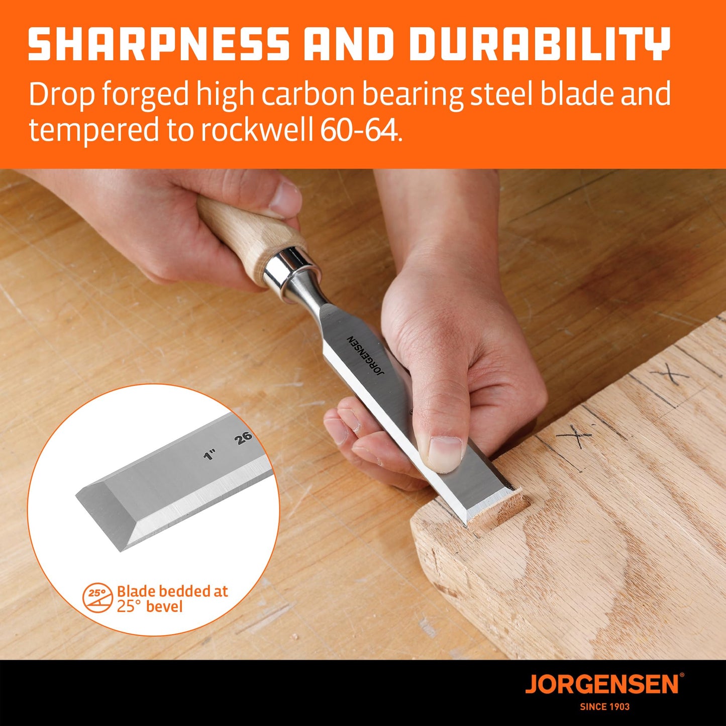 JORGENSEN 4-Piece Wood Chisel Set, Chromium Alloy Steel Beveled Edge, Ergonomic Hardwood Handles, 1/4–1 in