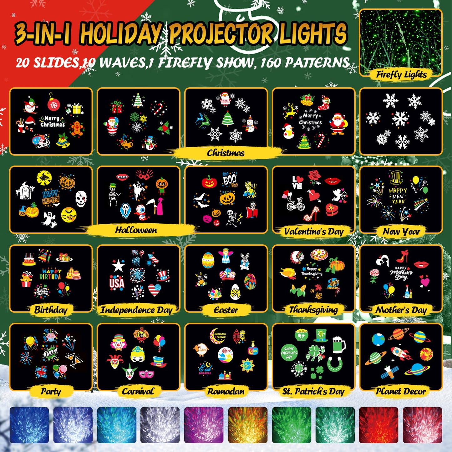 Christmas Projector Lights Outdoor & Indoor, Ocean Wave & Firefly Effects, 20 Slides/160 Patterns, Remote & Timer, Waterproof Decor
