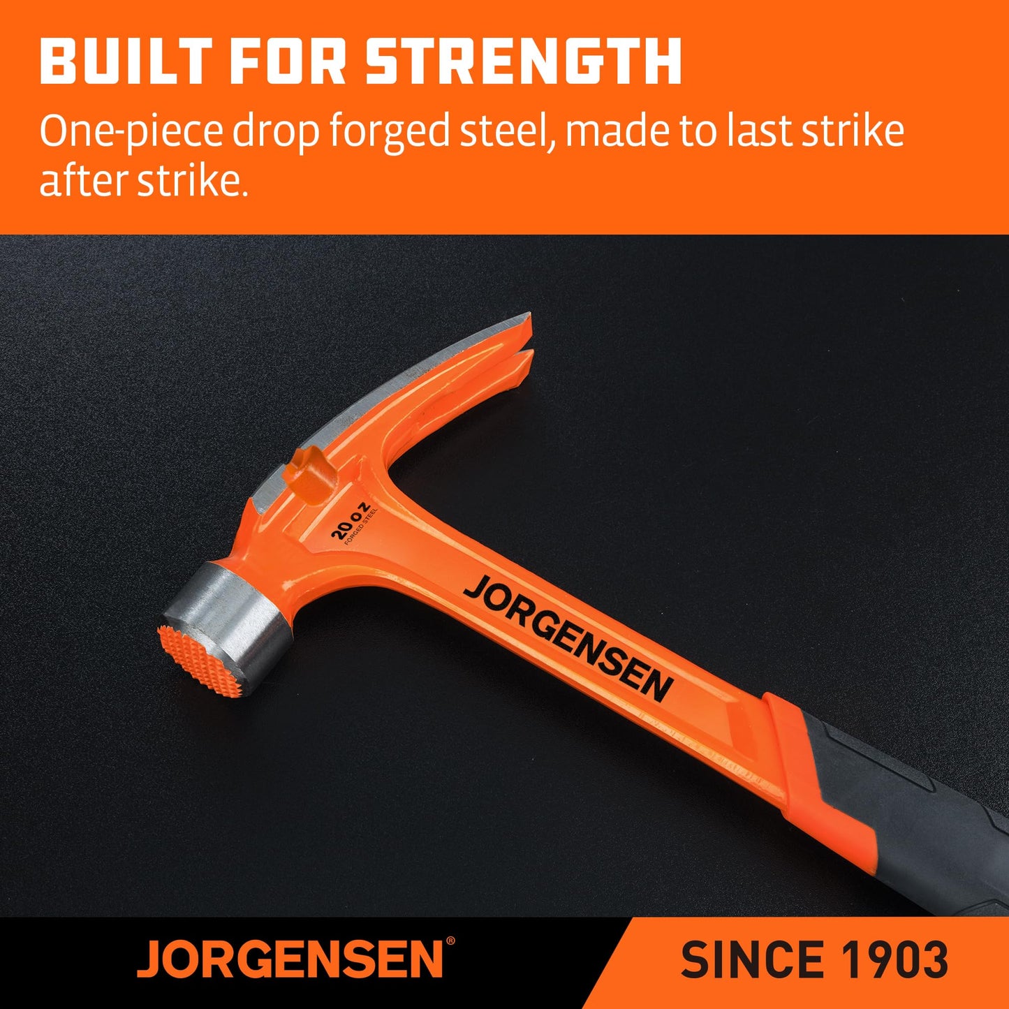 Jorgensen 20oz Straight Claw Hammer with Magnetic Nail Holder, Milled Face, Side Nail Puller & Shock-Absorbing Grip, Heavy Duty