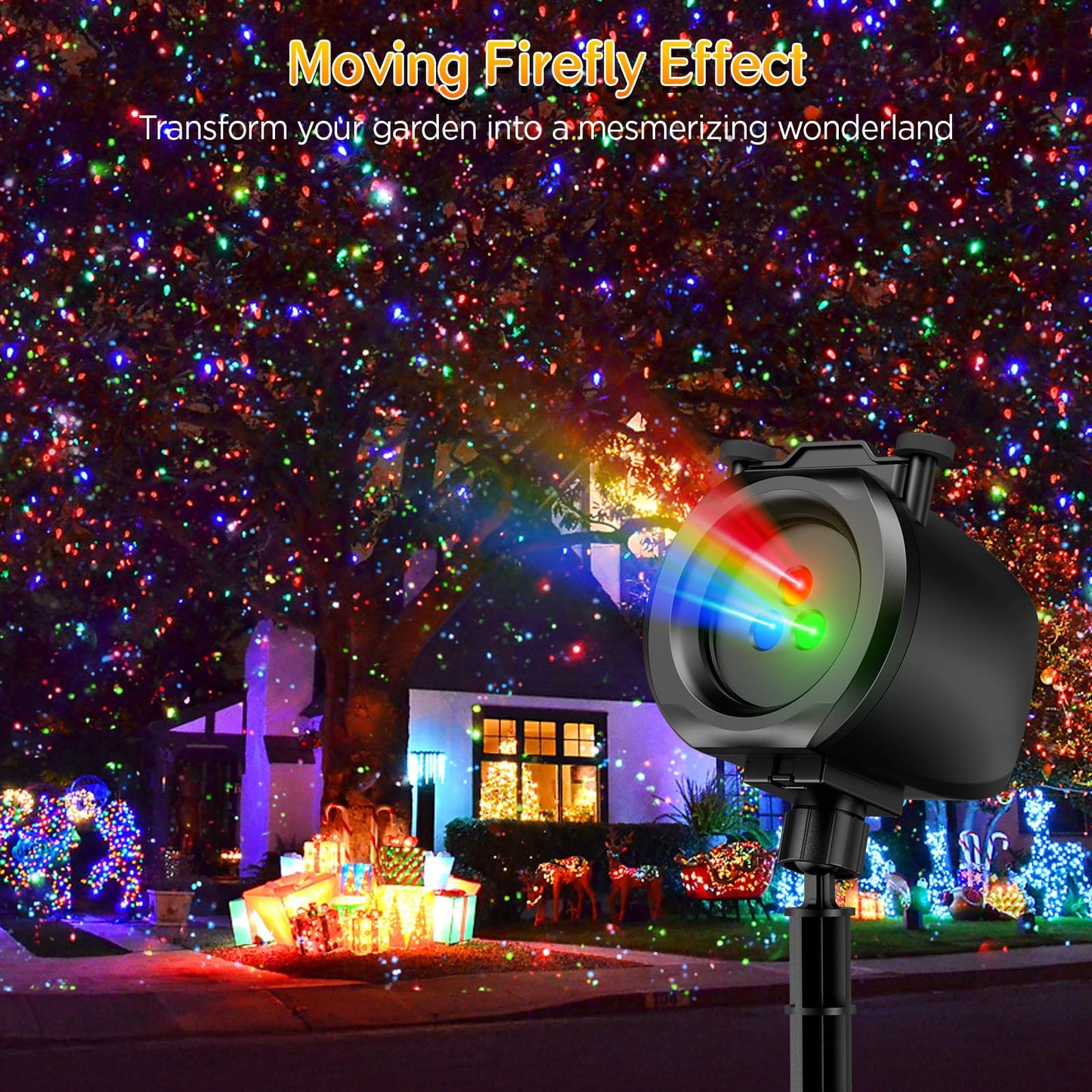 Christmas Lights Projector Outdoor, 2-in-1 Holiday Projector with 4 Slides & 8 HD RGB Moving Firefly Patterns for Yard & Garden