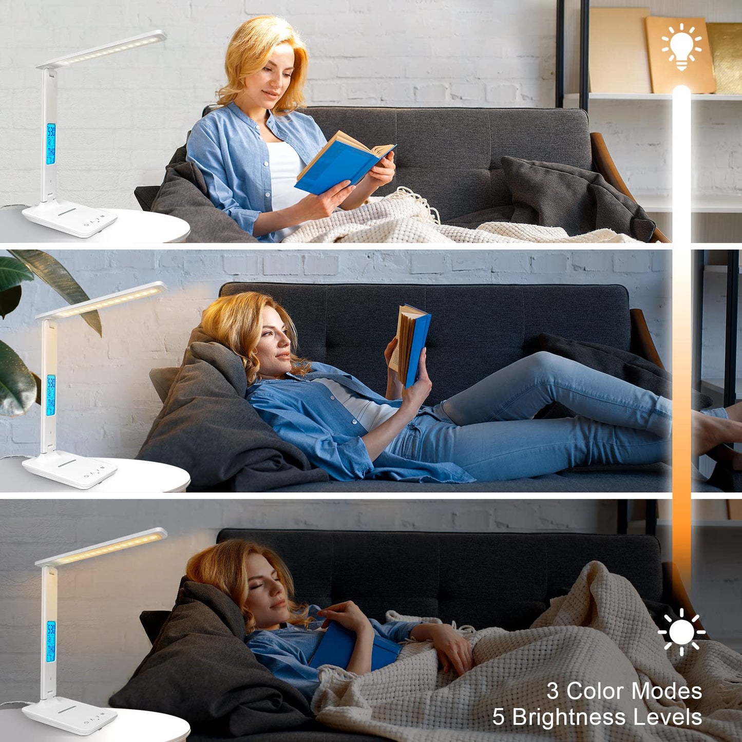 snsok Desk Lamp with Wireless Charger & USB Port, Dimmable LED Light with Clock, Alarm, Date, Temperature – Foldable for Bedside & Office