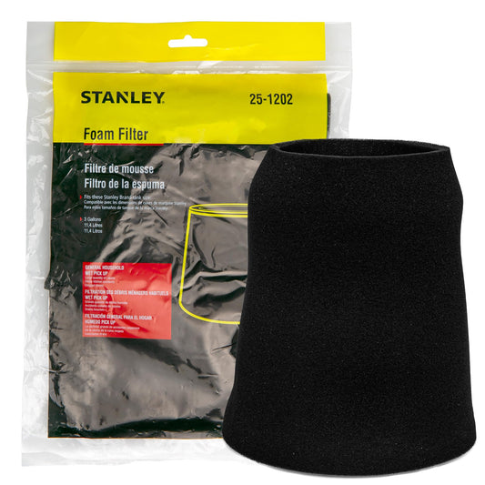 STANLEY Foam Filter for 1-5 Gallon Wet/Dry Vacuums, Compatible with SL18123P, SL18128-33 Models, 25-1202