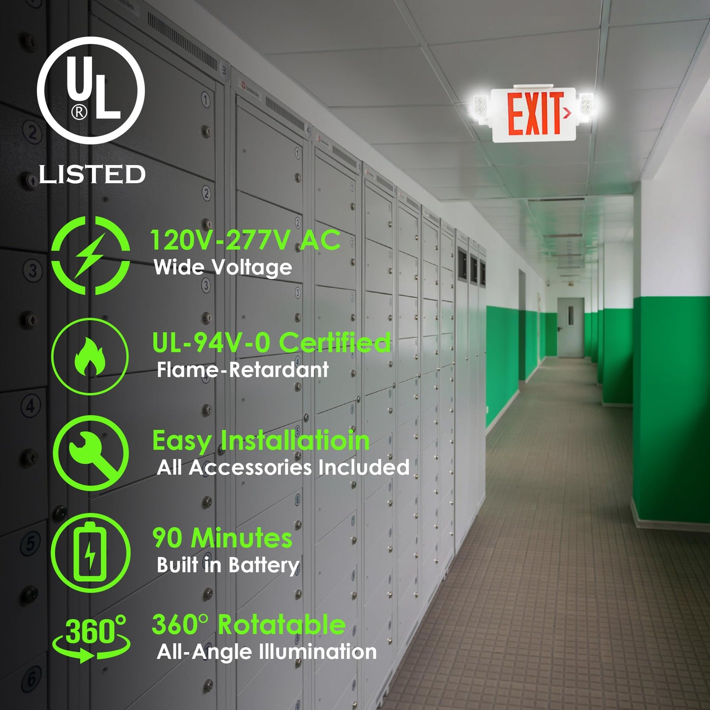 Gruenlich 2-Pack LED Combo Exit Sign with Emergency Light, Adjustable Heads, Double Face, Backup Batteries, UL 924, 120-277V, Red US Standard