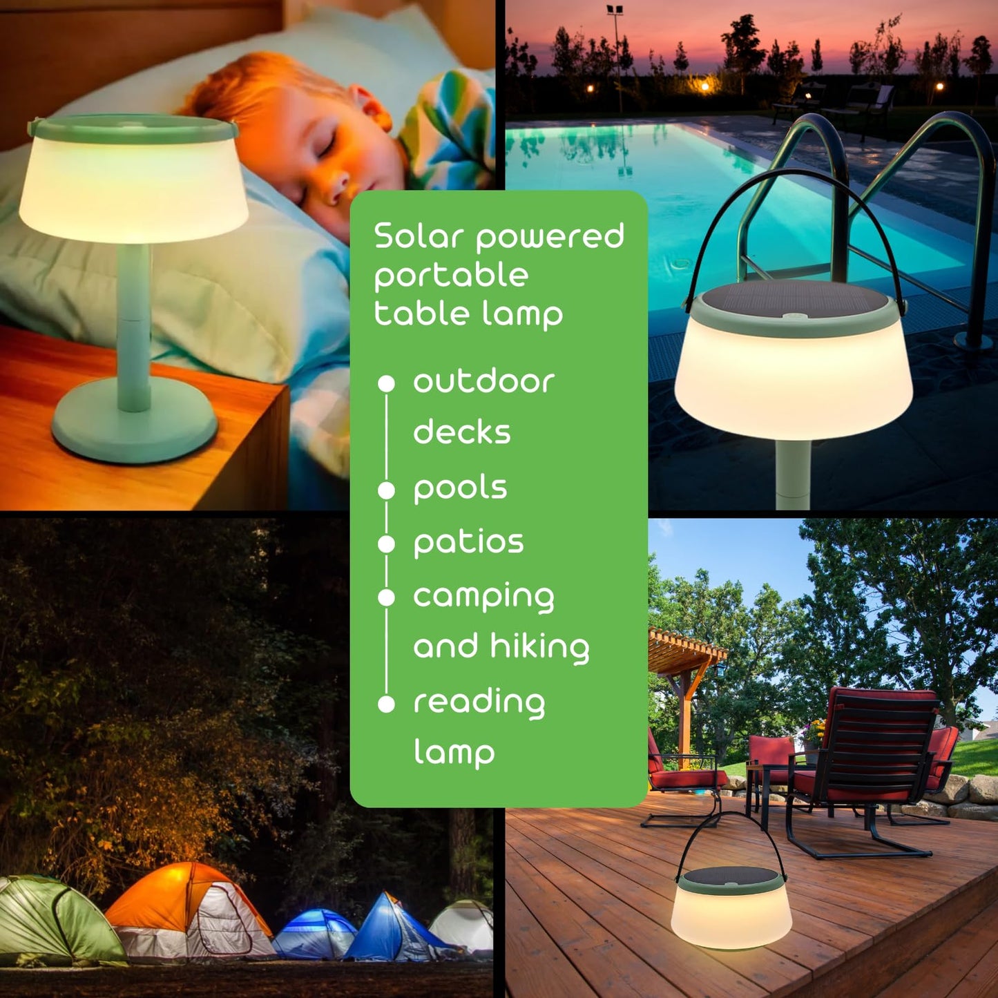 VerLuce 2-in-1 Solar LED Table Lamp & Lantern, Rechargeable, Stepless Dimming, 330lm, 2700K, IP44 Weatherproof, Green