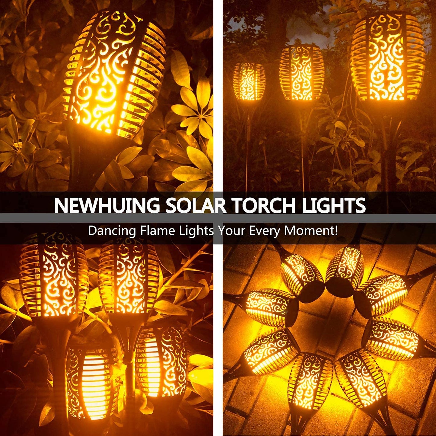 4PC Solar Torch Lights 43" Outdoor, 96 LED Flickering Flame Pathway Garden Lights, Waterproof, Auto On/Off, Christmas Decor