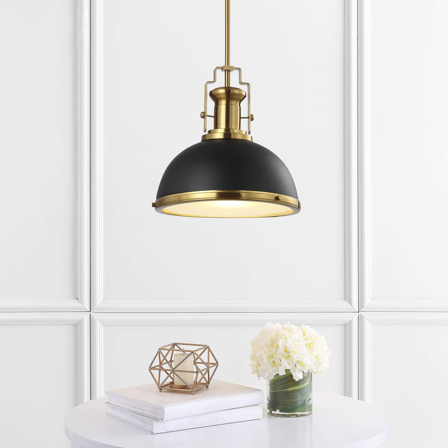 JONATHAN Y JYL9536A 13" Modern Industrial Dome Pendant Light, Black & Brass Gold, Adjustable Hanging Fixture for Kitchen, Dining & Entryway