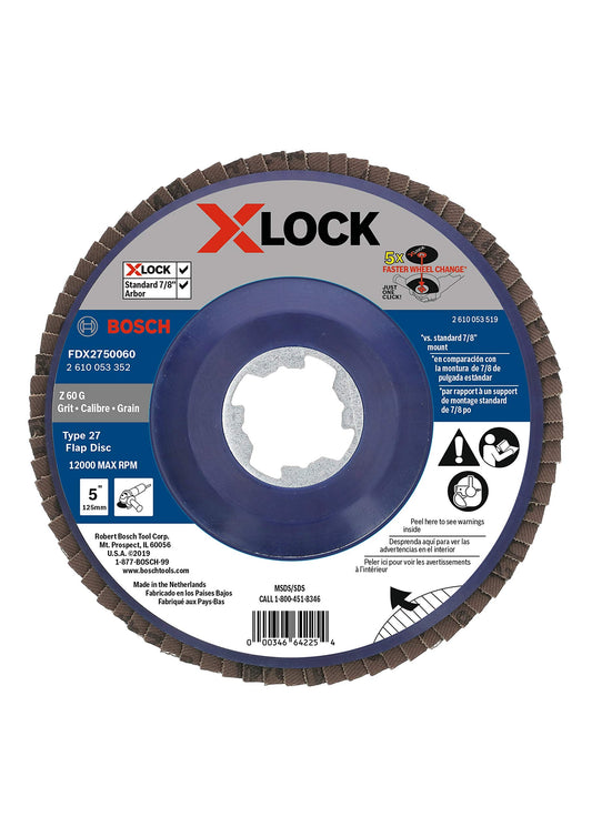 BOSCH FDX2750060 1-Piece 5 In. X-LOCK Flap Disc 60 Grit Compatible with 7/8 In. Arbor Type 27 for Applications in Metal Blending and Grinding