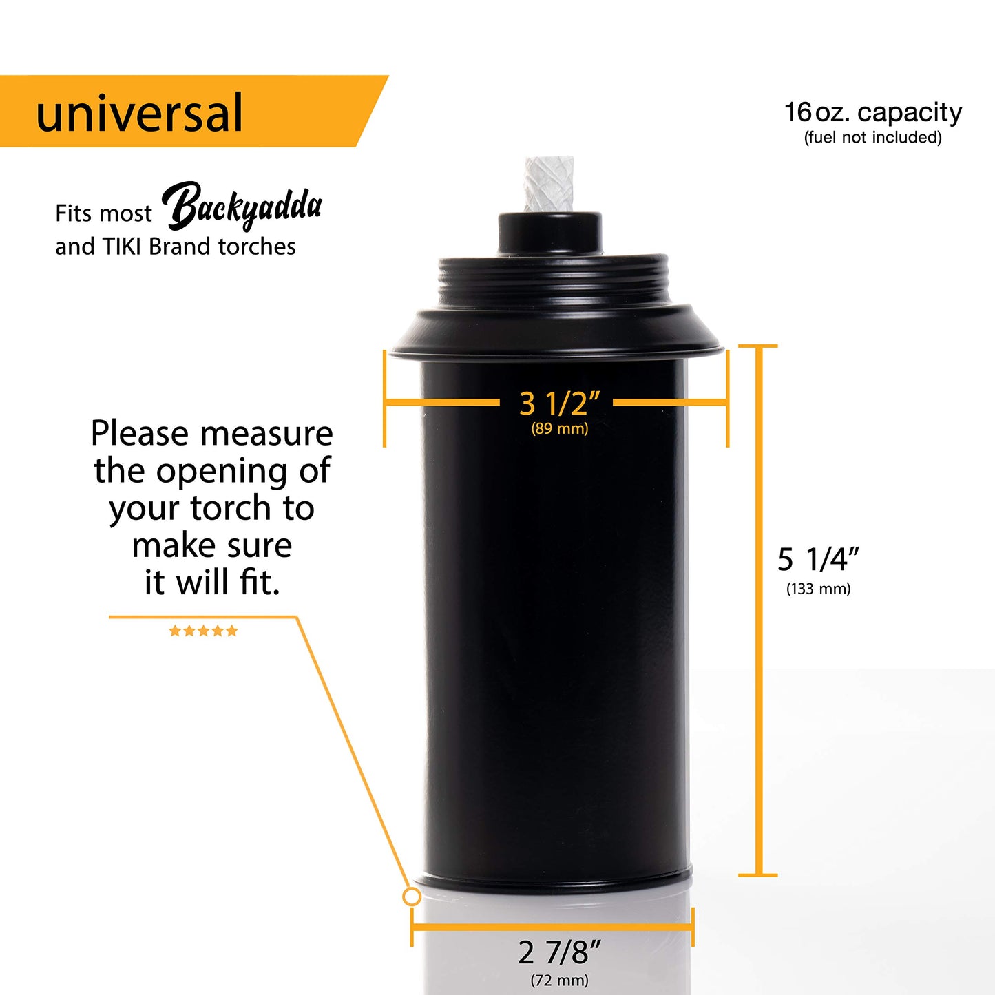 Backyadda Torch Replacement Canisters (16 oz). Compatible with Tiki Torches. Easy Fill Opening. 4-Pack Standard Metal (Without Caps)