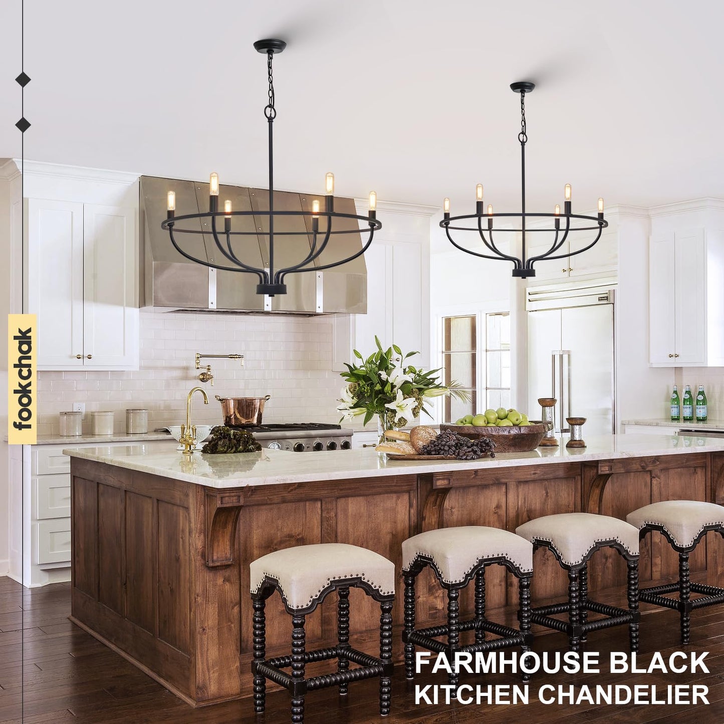 **FookChak 6-Light Farmhouse Black Chandelier, Metal Candle Dining Room Light Fixture for Kitchen, Living Room, Bedroom, Entryway, 28.54in**
