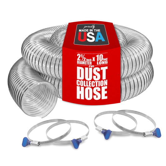 PVC Dust Collection Hose 2.5" x 10' with 4 Thumbscrew Clamps, Puncture-Resistant Clear Flexible PVC, Carbon Steel Wire, Made in USA