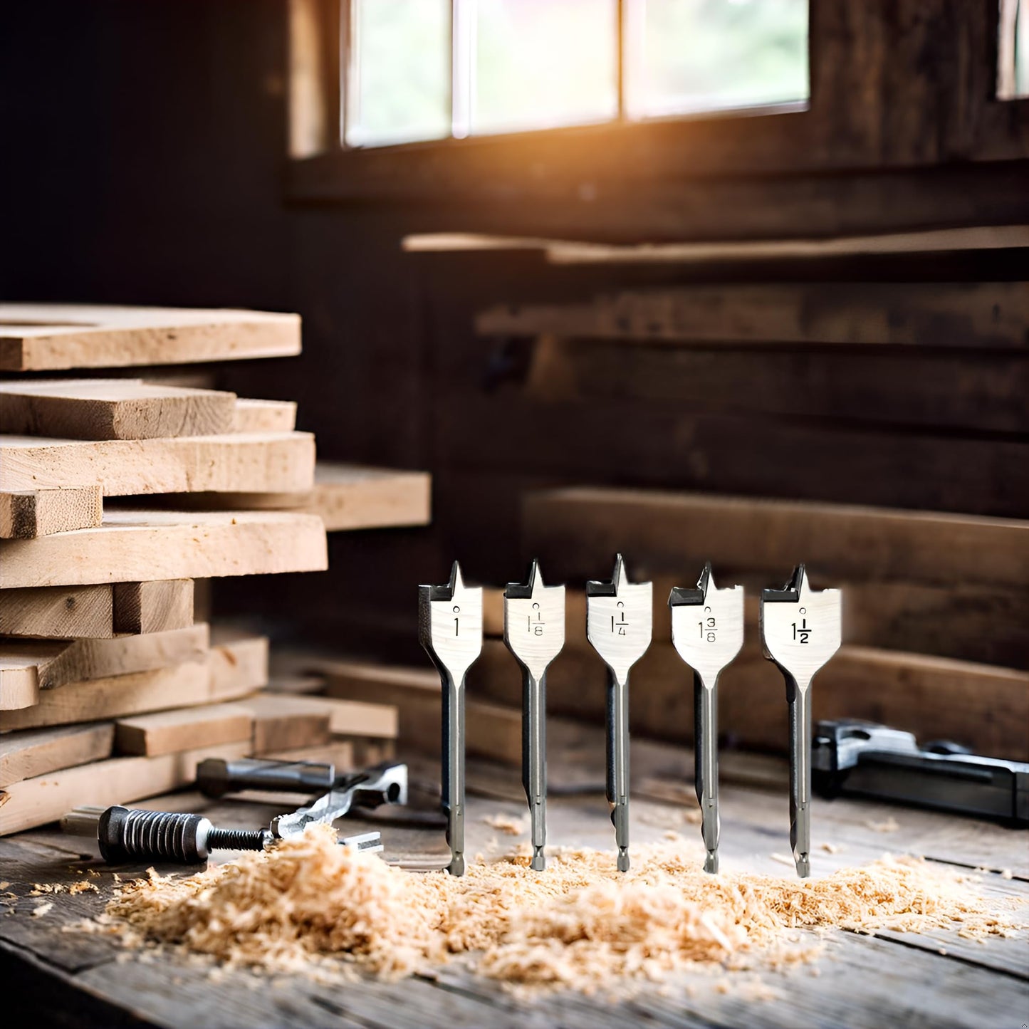 BlueNatHxRPR 5 PCS 1" to 1-1/2" Wood Spade Drill Bit Set Wood Paddle Flat Bits