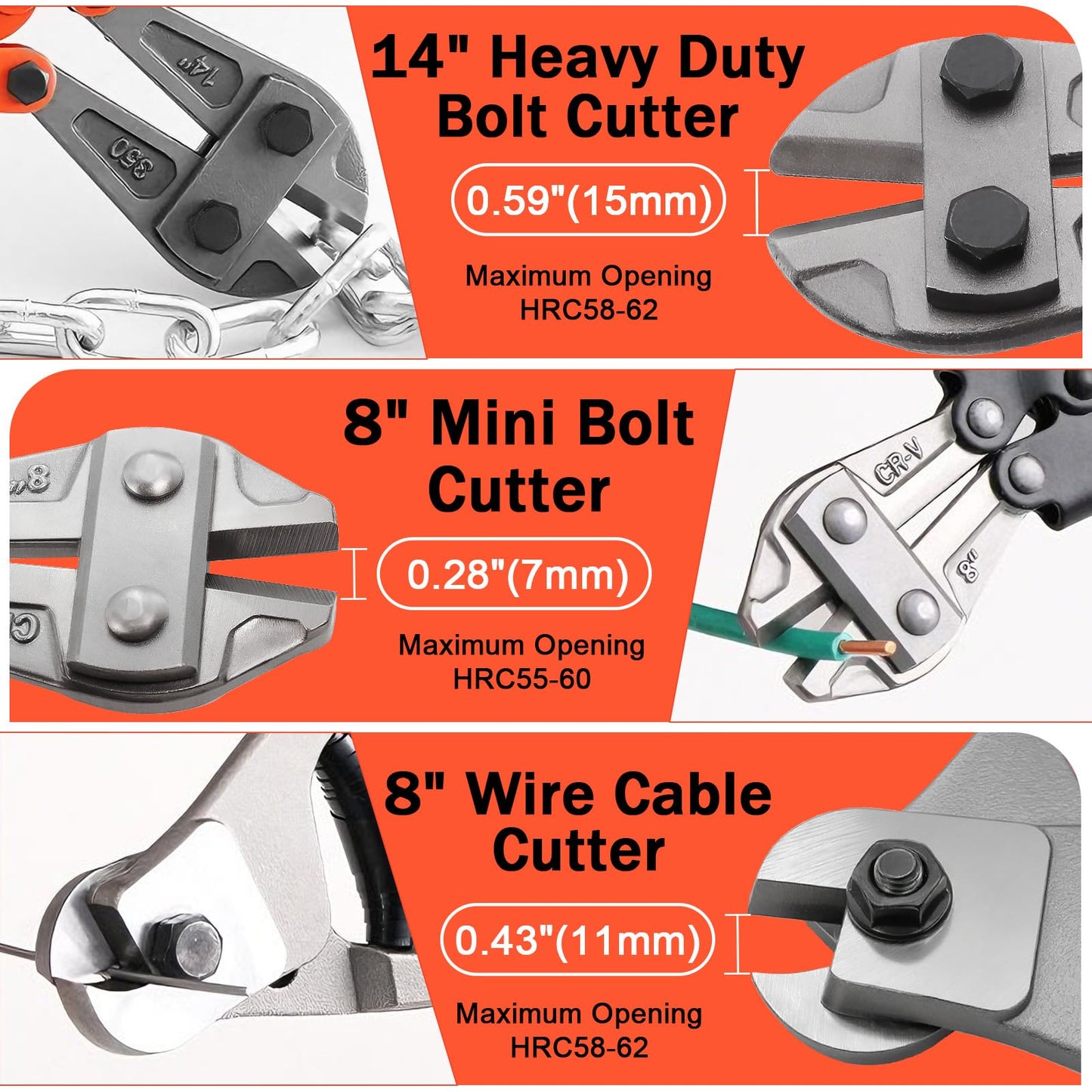 3Pcs Bolt Cutter Set with 14" Heavy Duty, 8" Mini & Wire Rope Cutters with Storage Bag for Locks, Chains, Steel, Metal, Fence