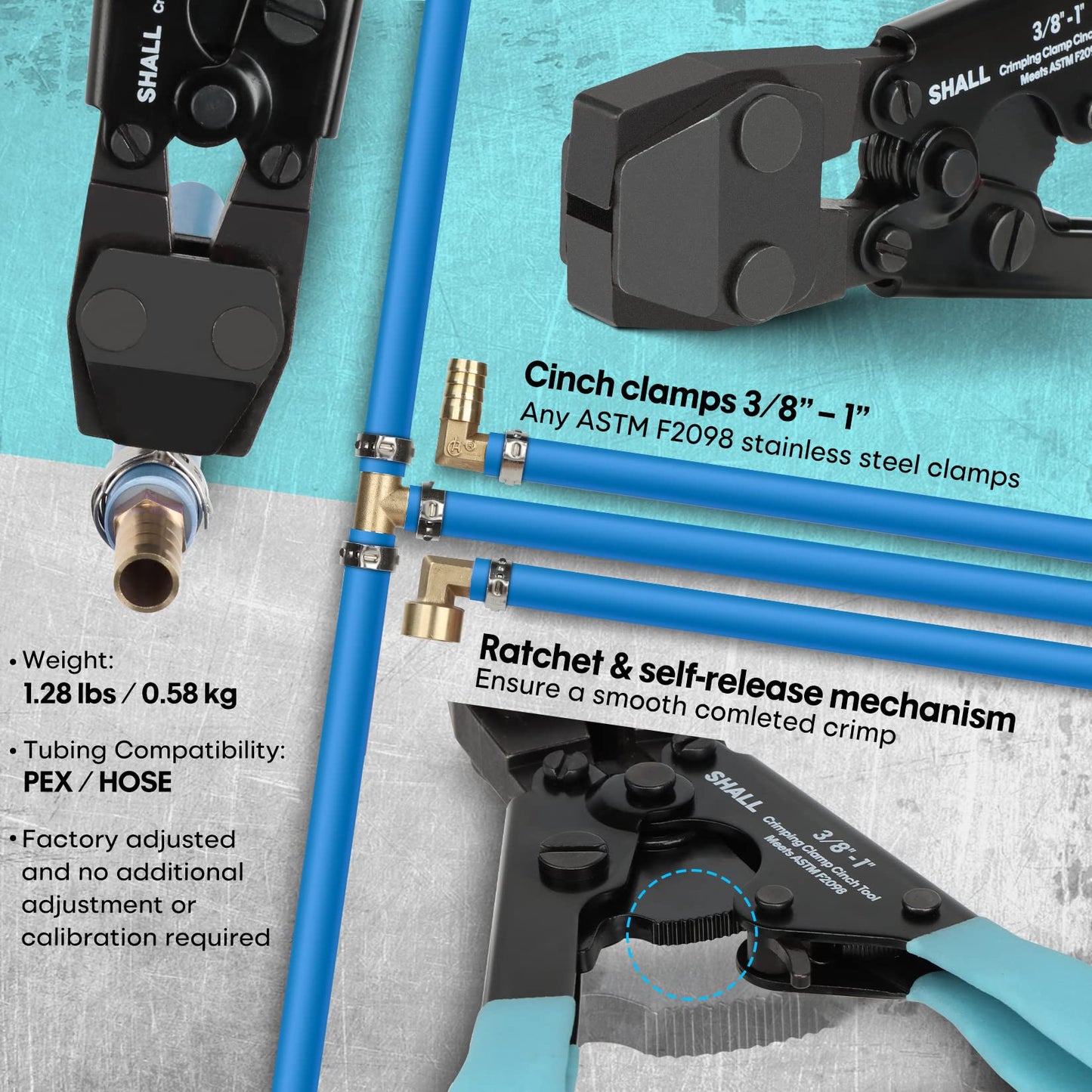SHALL PEX Crimping & Cinch Tool Kit with Pipe Cutter, 3/8"-1" Stainless Steel Clamps, 30pcs Clamps & Storage Bag, ASTM F2098 Compliant