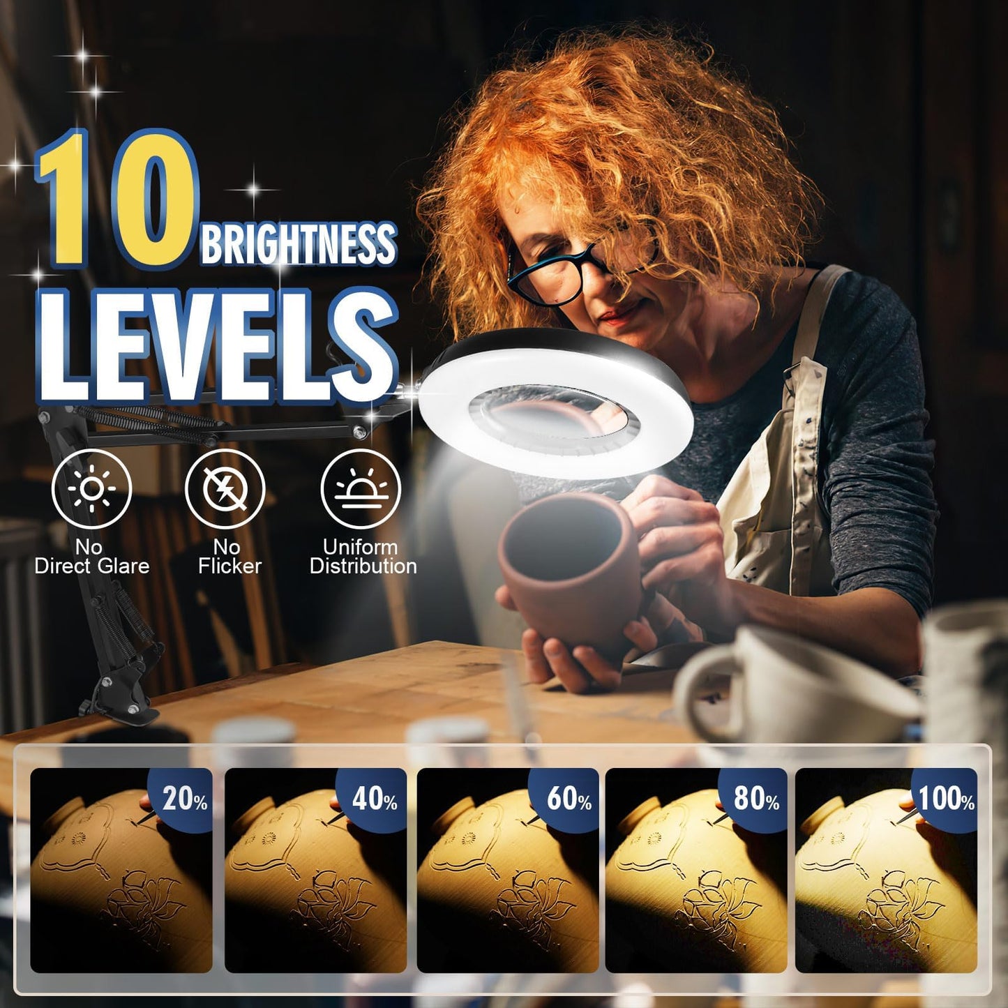 12X Magnifying Glass with Light & Stand, 144 LED Desktop Magnifying Lamp, 10 Dimmable Levels, 5 Color Modes, Hands-Free Metal Desk Lamp for Crafts, Reading & Close Work